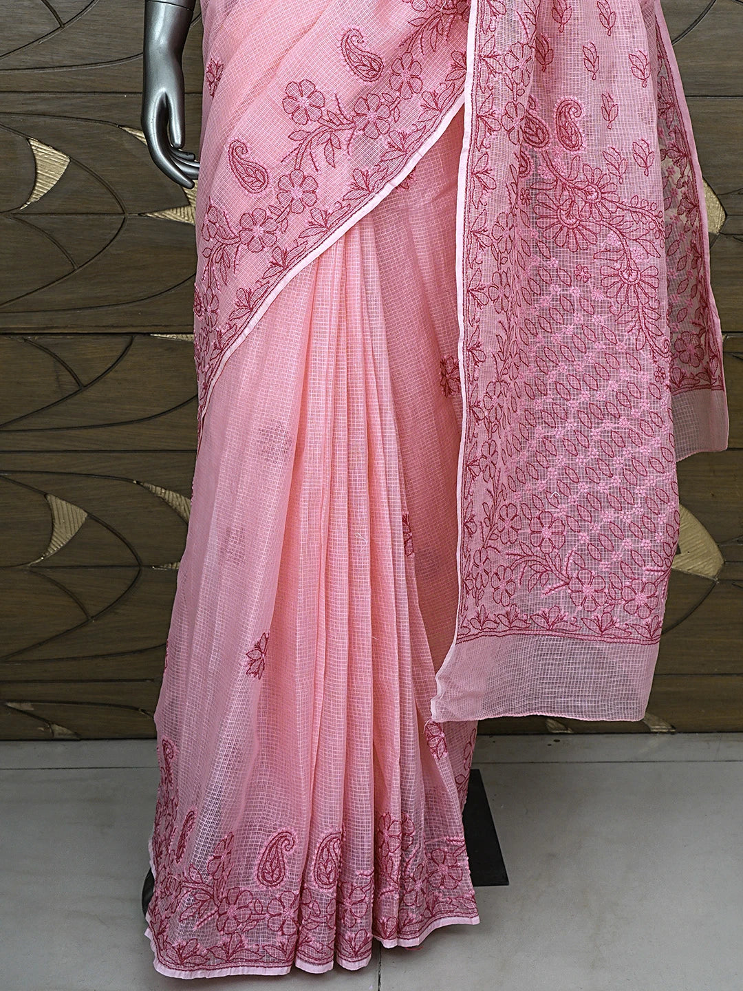 Ada Hand Embroidered Onion Pink Kota Lucknowi Chikankari Saree and Blouse 01A884615