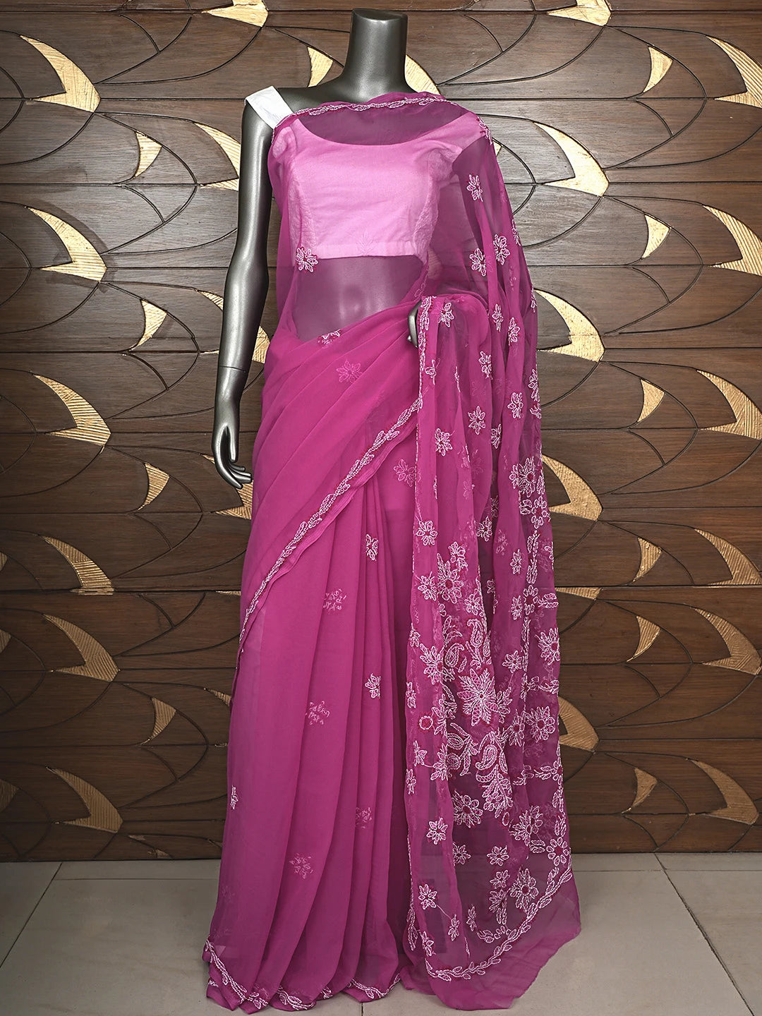Ada Hand Embroidered Onion PInk Georgette Lucknowi Chikankari Saree and Blouse 01A905442