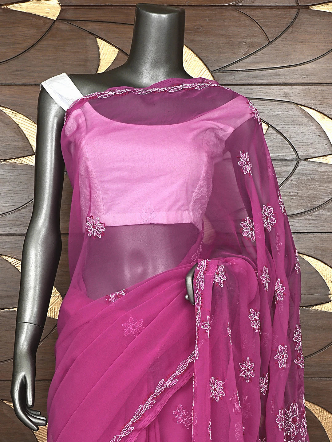 Ada Hand Embroidered Onion PInk Georgette Lucknowi Chikankari Saree and Blouse 01A905442