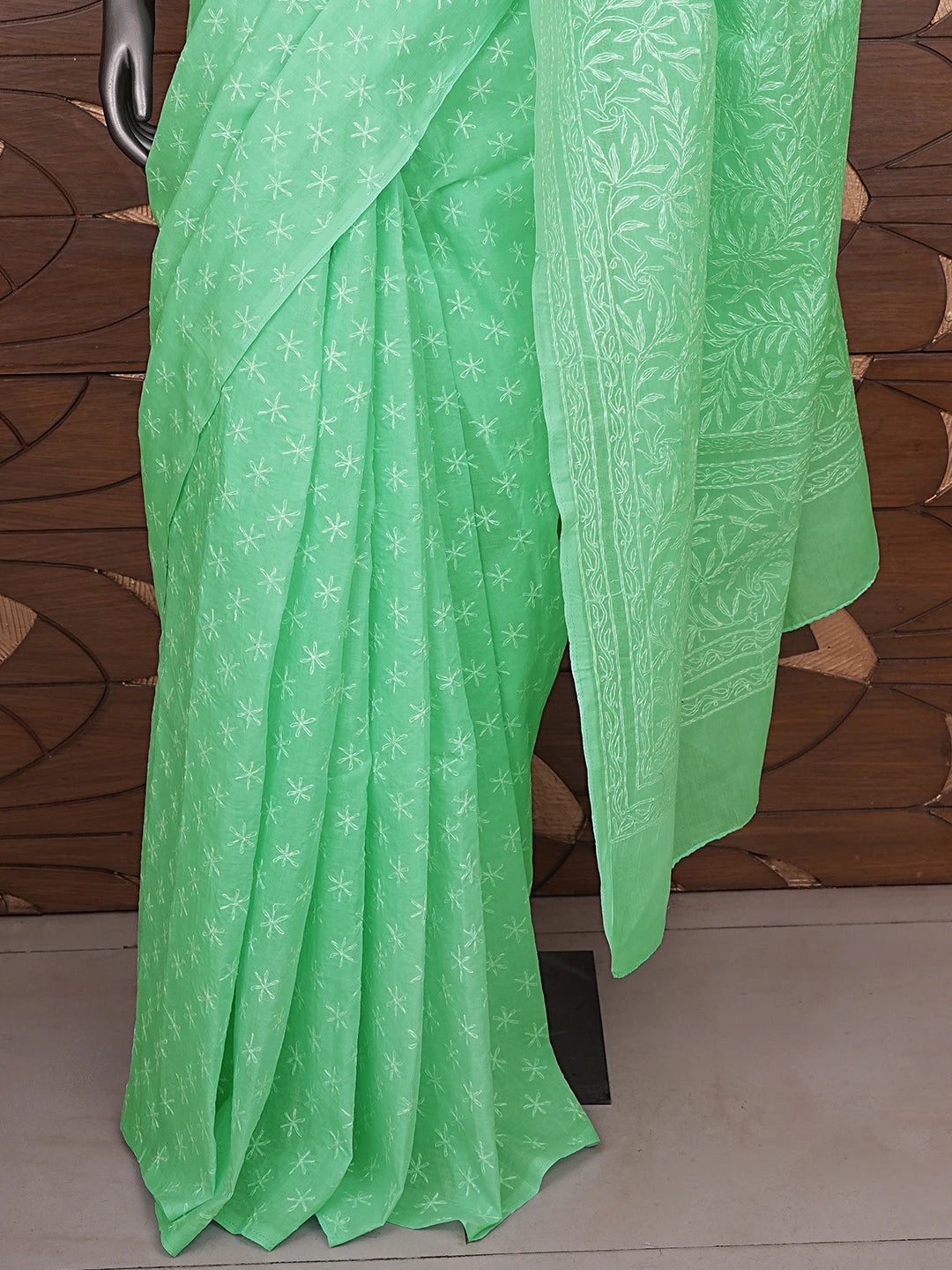 Ada Hand Embroidered Turquoise Cotton Lucknowi Chikankari Saree and Blouse 01A839151