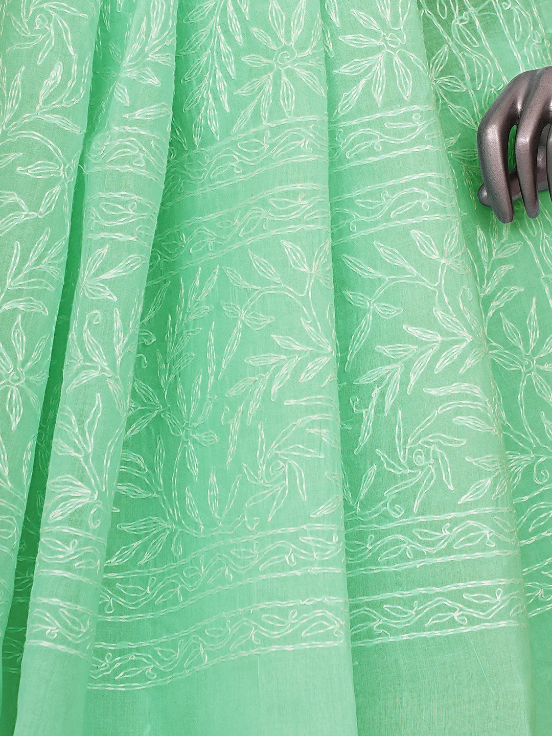 Ada Hand Embroidered Turquoise Cotton Lucknowi Chikankari Saree and Blouse 01A839151