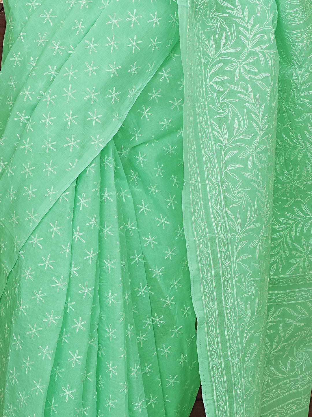 Ada Hand Embroidered Turquoise Cotton Lucknowi Chikankari Saree and Blouse 01A839151
