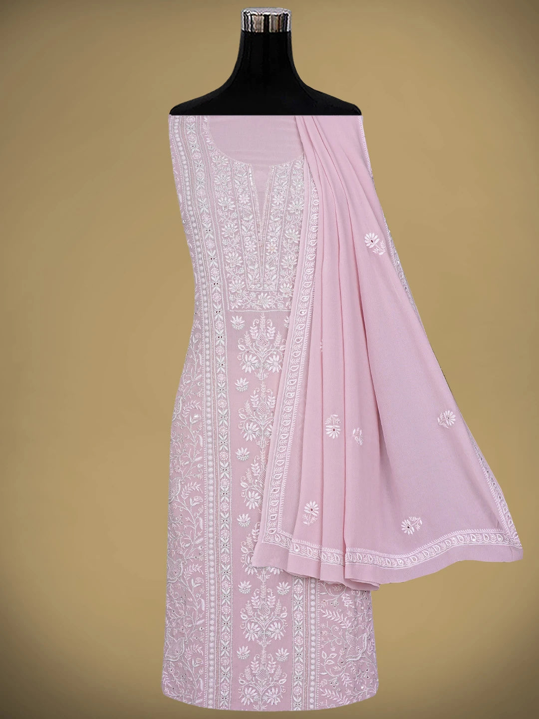 Ada Hand Embroidered Pink Pure Georgette Lucknowi Chikankari Unstitched Kurta Dupatta Set With Cutdana Work 01A553675