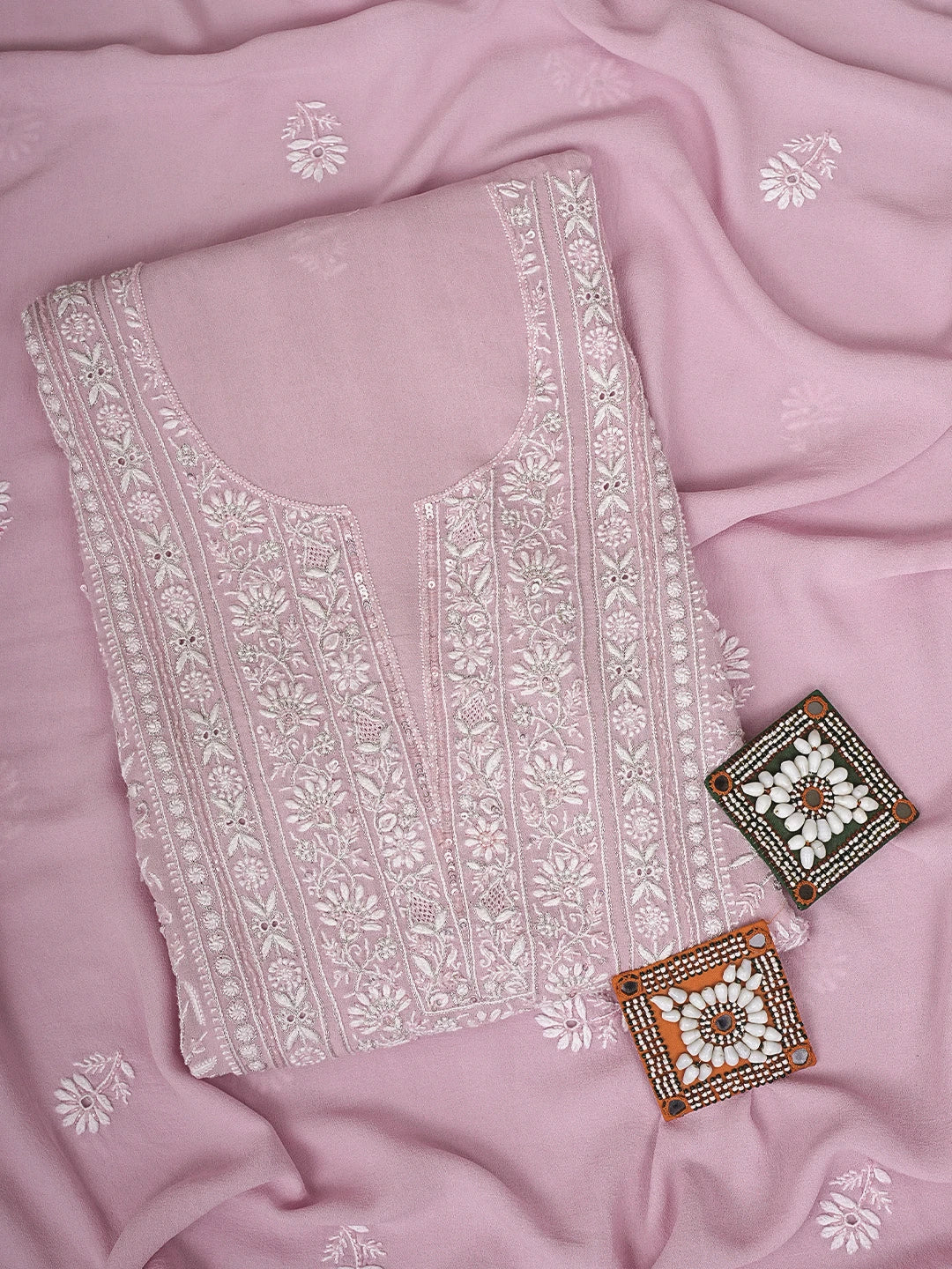 Ada Hand Embroidered Pink Pure Georgette Lucknowi Chikankari Unstitched Kurta Dupatta Set With Cutdana Work 01A553675