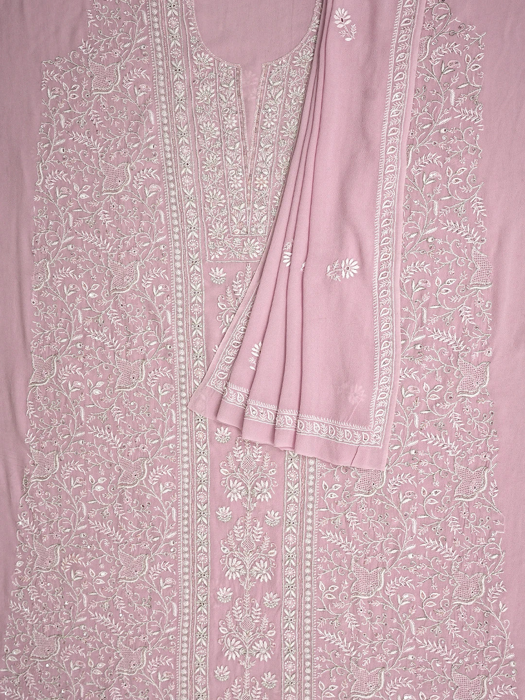 Ada Hand Embroidered Pink Pure Georgette Lucknowi Chikankari Unstitched Kurta Dupatta Set With Cutdana Work 01A553675