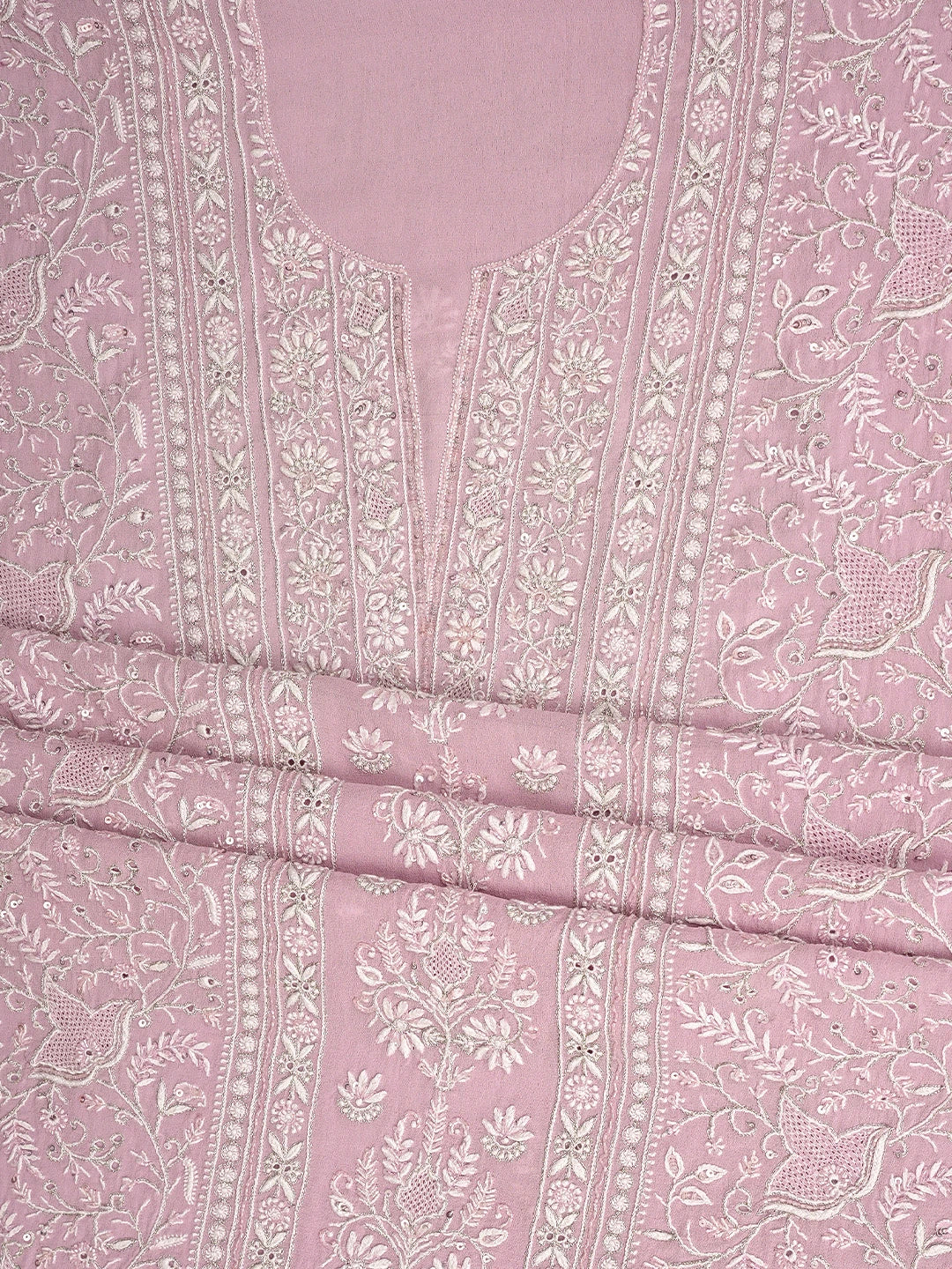 Ada Hand Embroidered Pink Pure Georgette Lucknowi Chikankari Unstitched Kurta Dupatta Set With Cutdana Work 01A553675