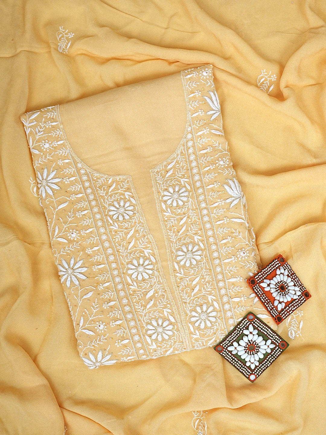 Ada Hand Embroidered Light Peach Viscose Georgette Lucknowi Chikankari Unstitched Kurta Dupatta Set With Cutdana Work 01A618140