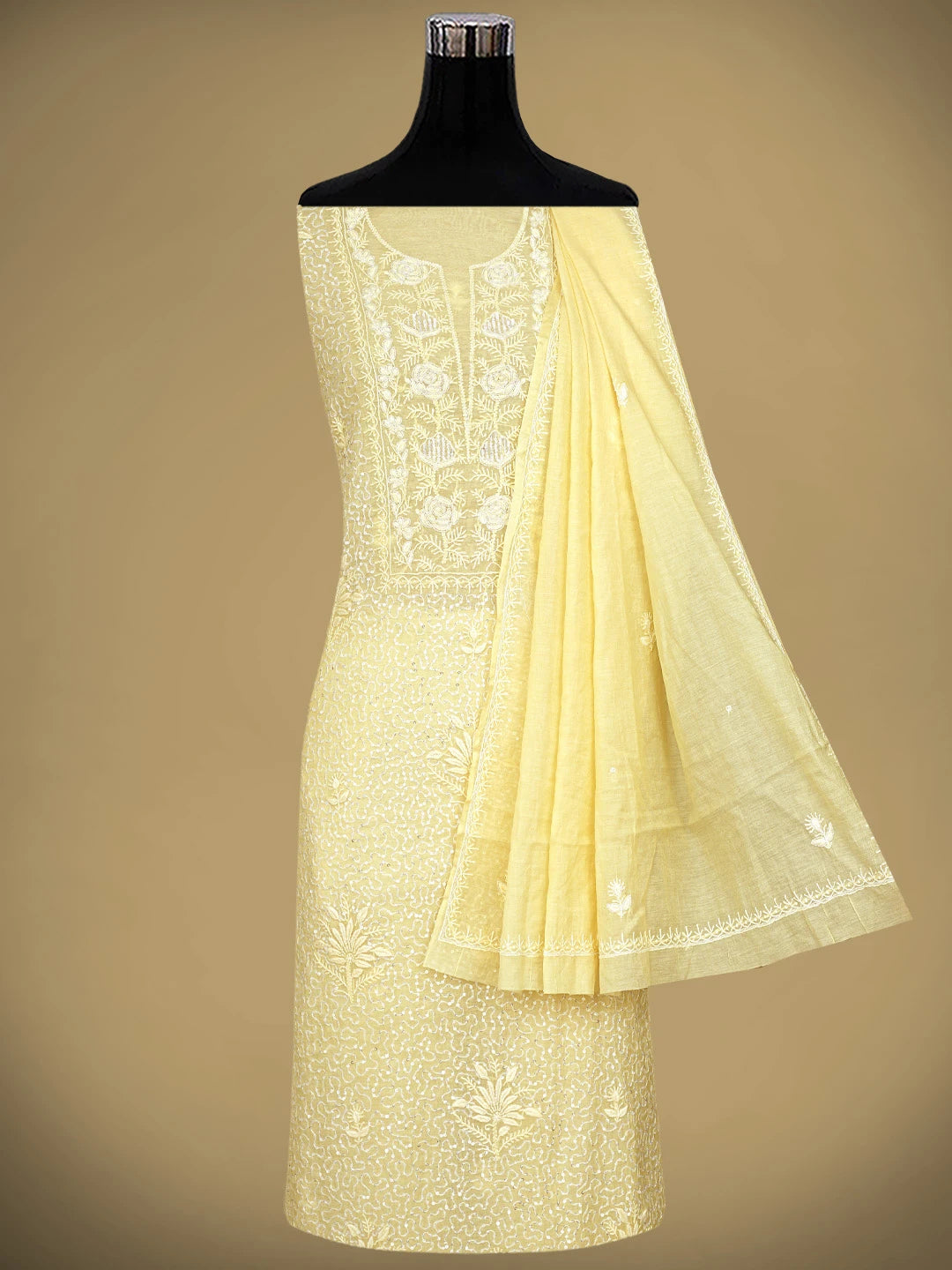 Ada Hand Embroidered Fawn Chanderi Lucknowi Chikankari Unstitched Kurta Dupatta Set With Cutdana Work 01A642944