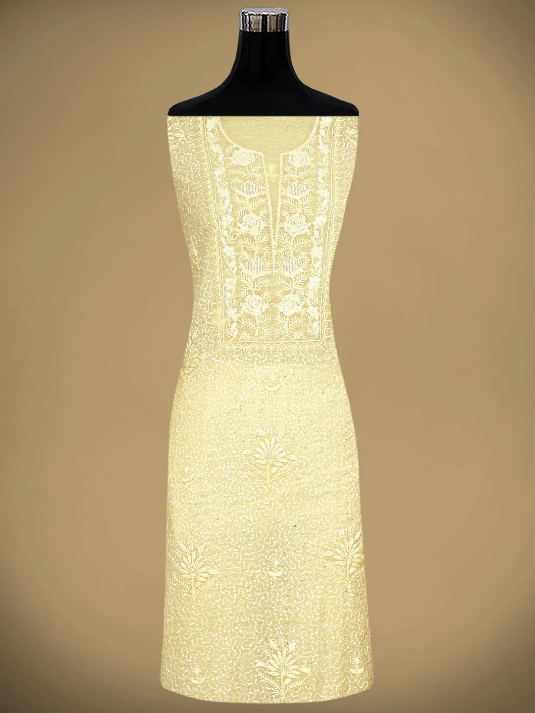Ada Hand Embroidered Fawn Chanderi Lucknowi Chikankari Unstitched Kurta Dupatta Set With Cutdana Work 01A642944
