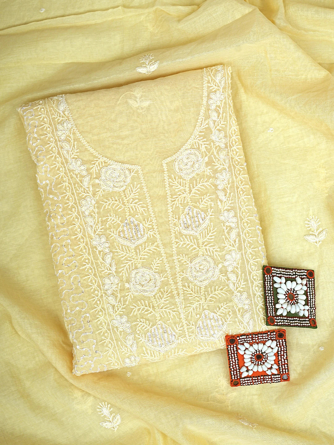 Ada Hand Embroidered Fawn Chanderi Lucknowi Chikankari Unstitched Kurta Dupatta Set With Cutdana Work 01A642944