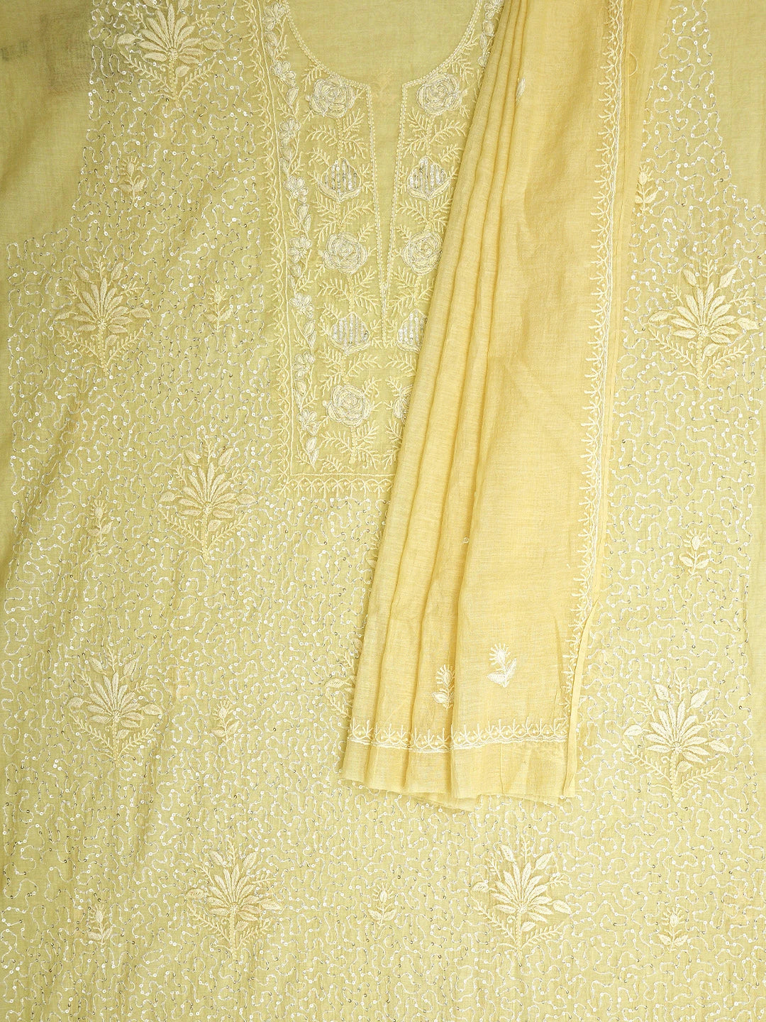 Ada Hand Embroidered Fawn Chanderi Lucknowi Chikankari Unstitched Kurta Dupatta Set With Cutdana Work 01A642944