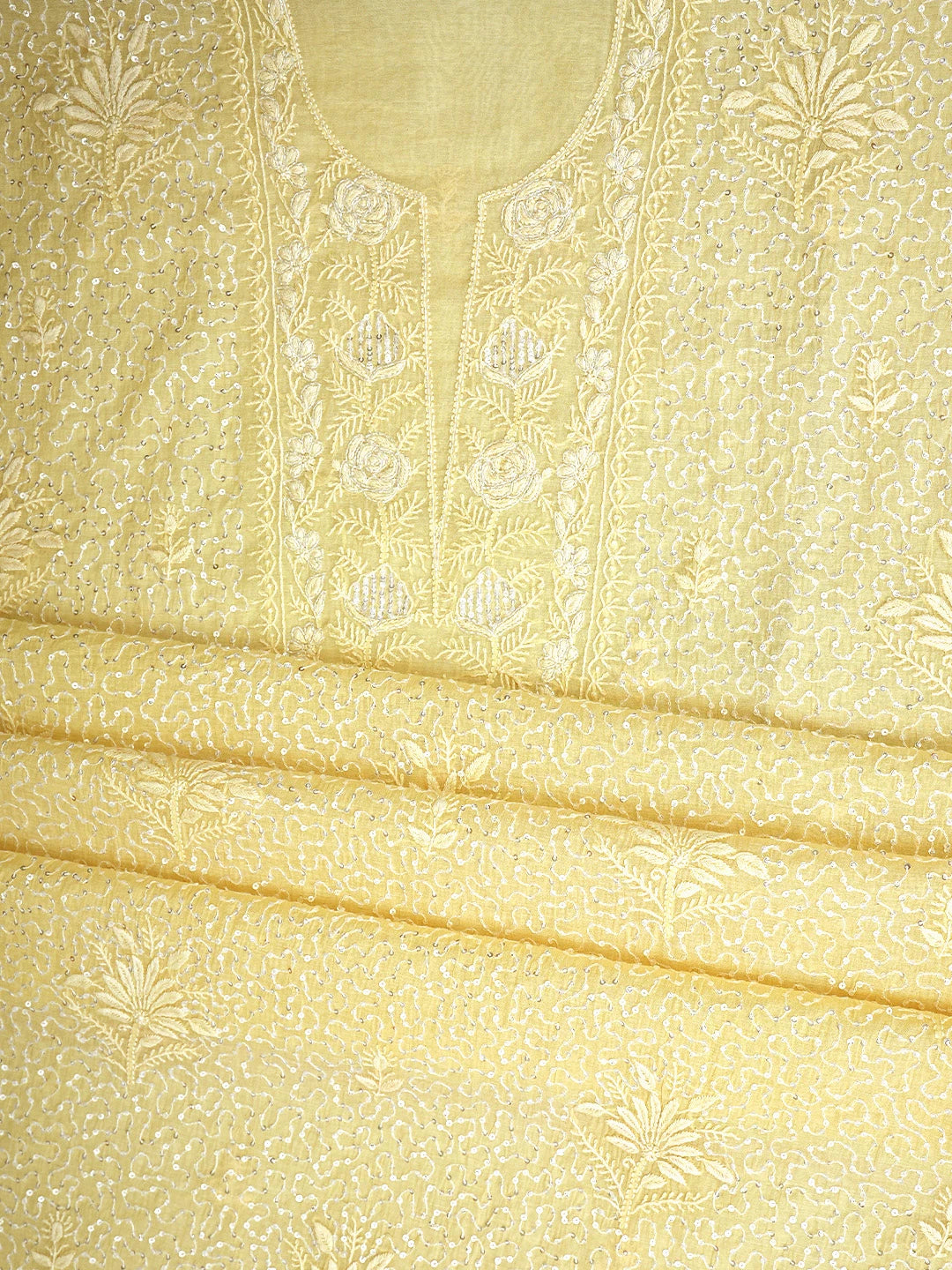 Ada Hand Embroidered Fawn Chanderi Lucknowi Chikankari Unstitched Kurta Dupatta Set With Cutdana Work 01A642944