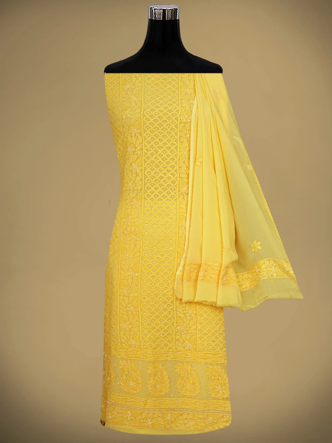 Ada Hand Embroidered Yellow Viscose Georgette Lucknowi Chikankari Unstitched Kurta Dupatta Set With Cutdana Work 01A663930