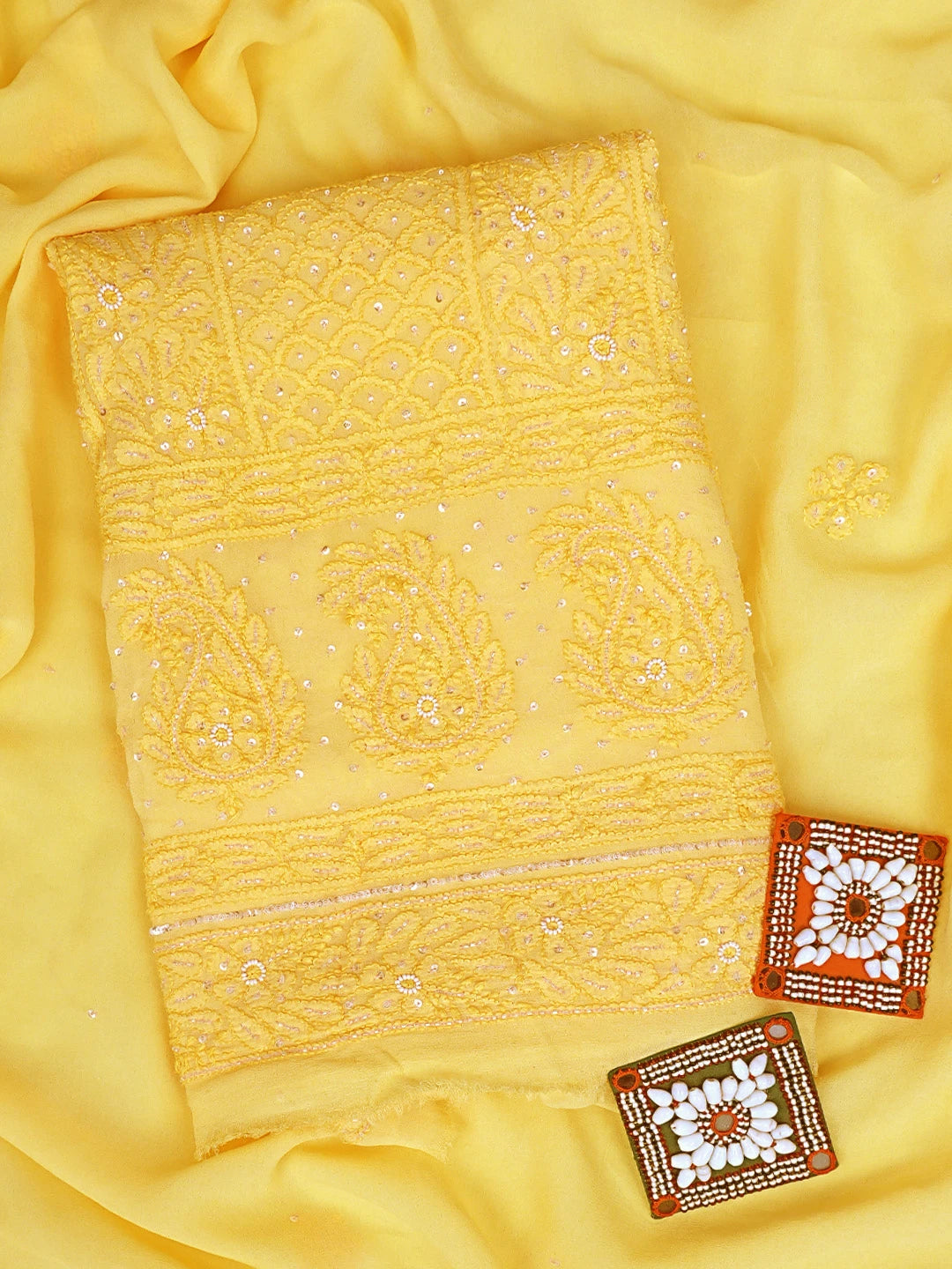 Ada Hand Embroidered Yellow Viscose Georgette Lucknowi Chikankari Unstitched Kurta Dupatta Set With Cutdana Work 01A663930