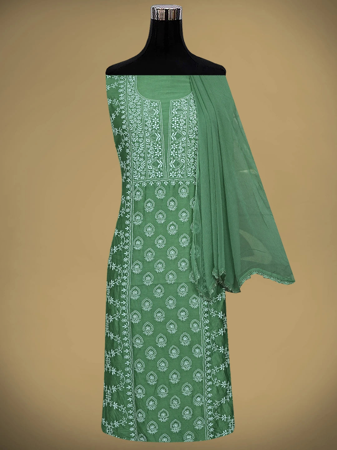 Ada Hand Embroidered Sage Green Chanderi Lucknowi Chikankari Unstitched Suit Piece 01A805710