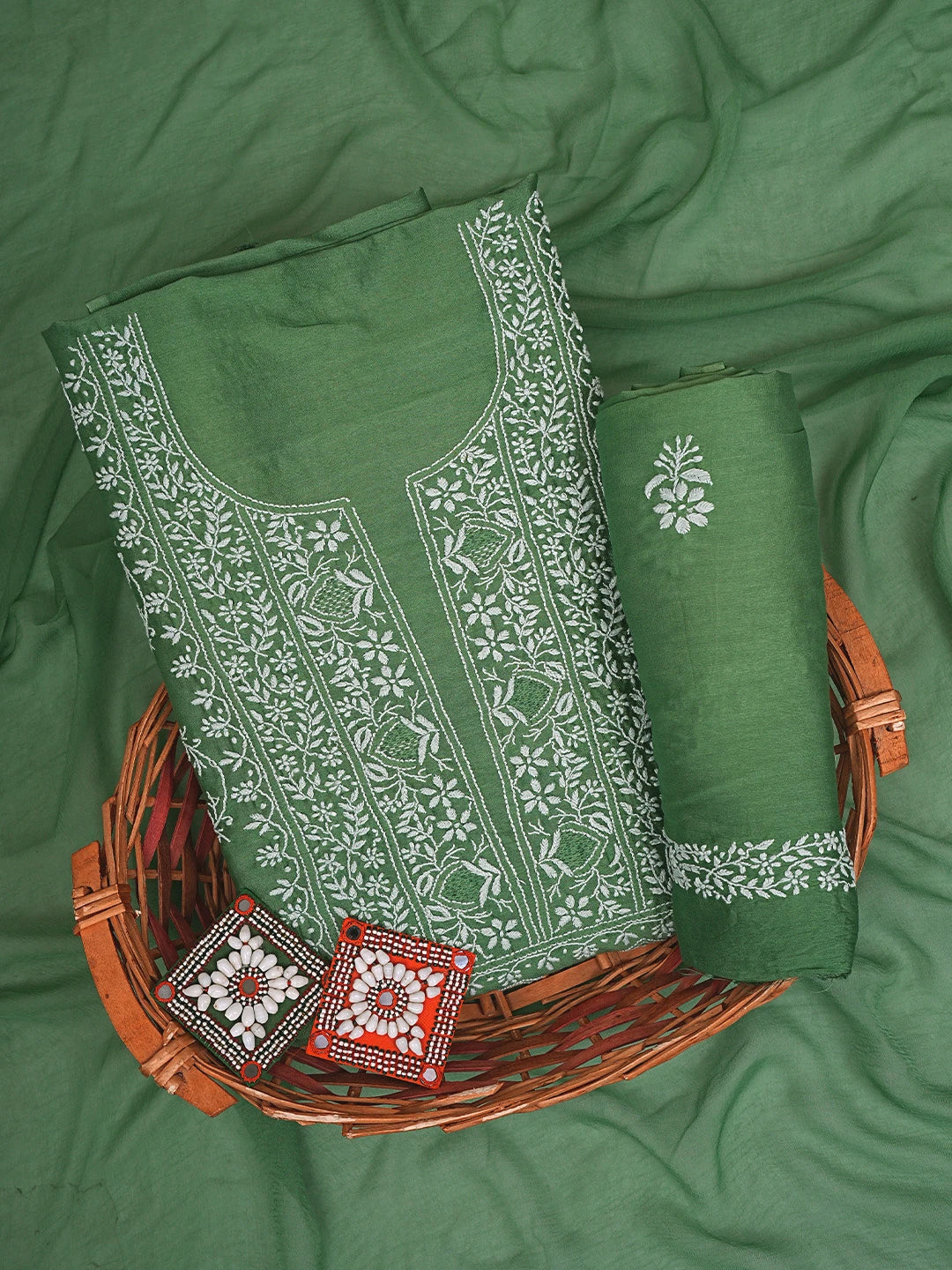 Ada Hand Embroidered Sage Green Chanderi Lucknowi Chikankari Unstitched Suit Piece 01A805710