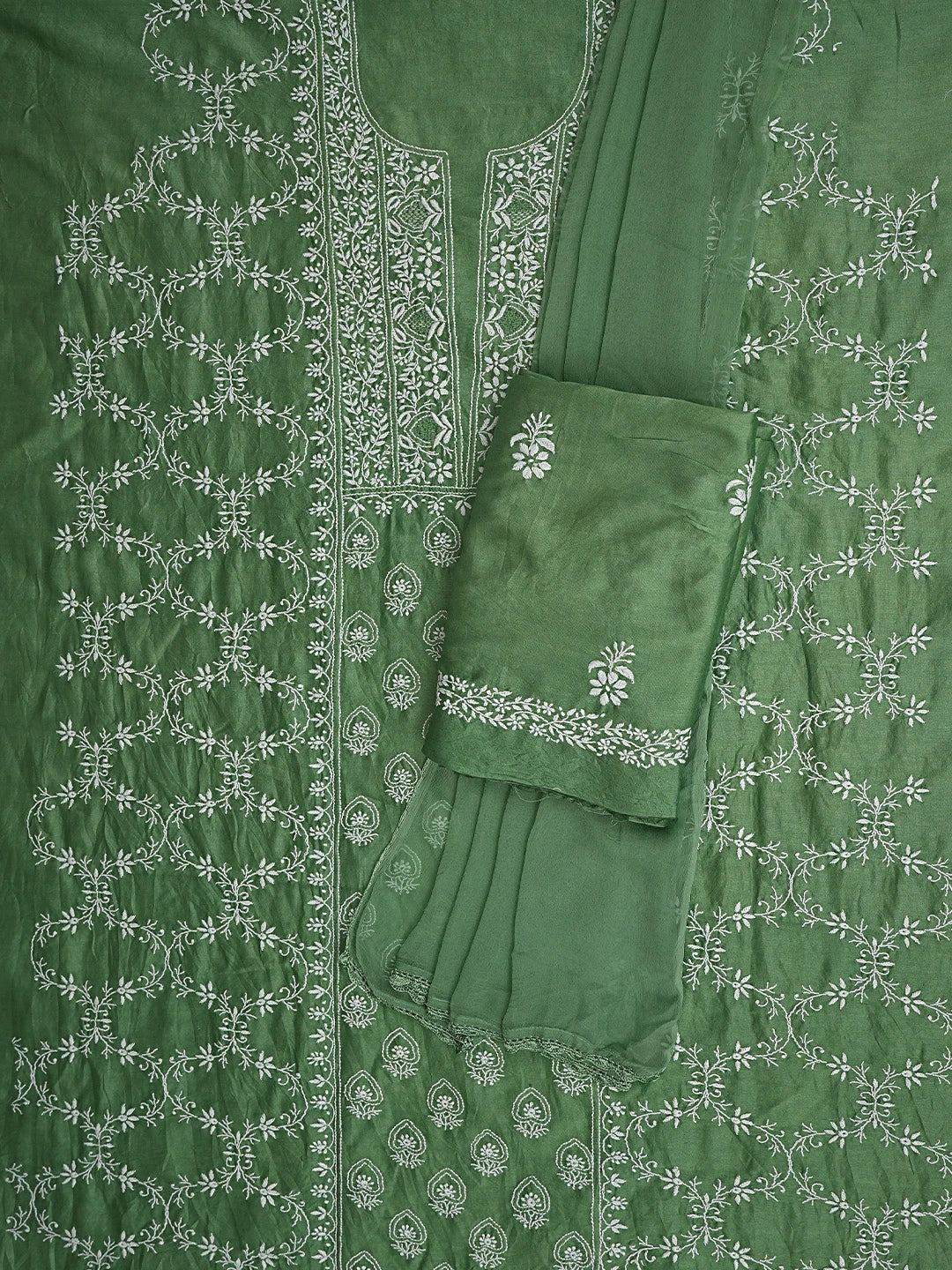 Ada Hand Embroidered Sage Green Chanderi Lucknowi Chikankari Unstitched Suit Piece 01A805710