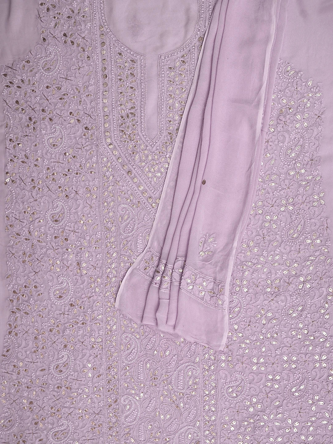 Ada Hand Embroidered Wisteria Purple Viscose Georgette Lucknowi Chikankari Unstitched Kurta Dupatta Set With Gota Patti Work 01A893458