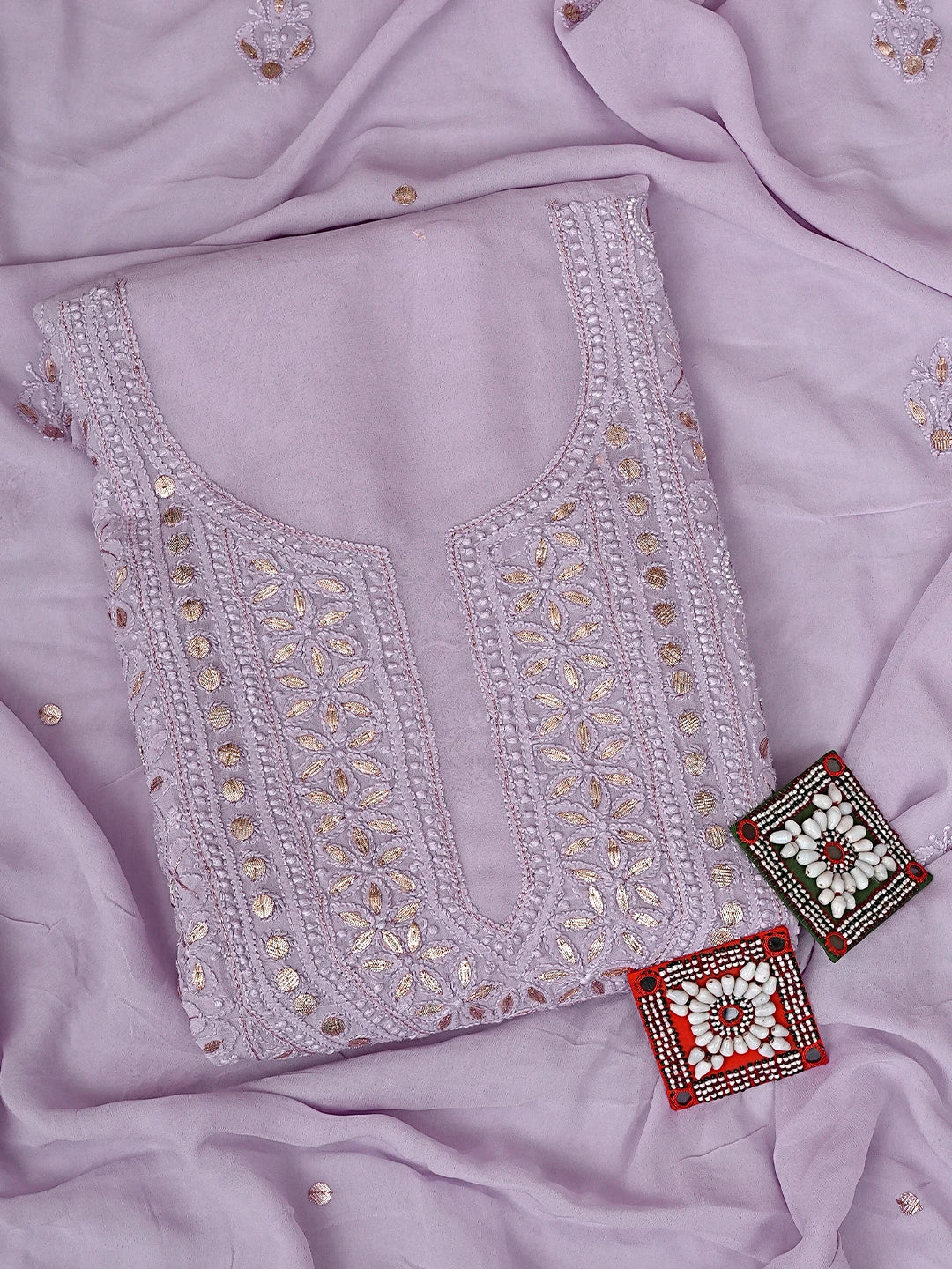 Ada Hand Embroidered Wisteria Purple Viscose Georgette Lucknowi Chikankari Unstitched Kurta Dupatta Set With Gota Patti Work 01A893458