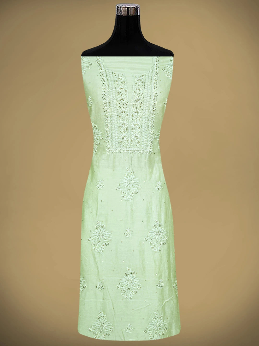 Ada Hand Embroidered Light Green Chanderi Lucknowi Chikankari Unstitched Kurta With Catdana Work 01A650959