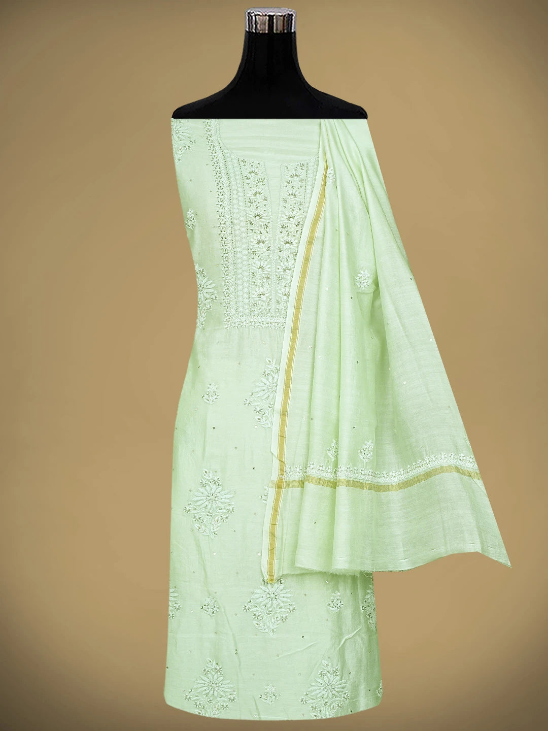 Ada Hand Embroidered Light Green Chanderi Lucknowi Chikankari Unstitched Kurta With Catdana Work 01A650959