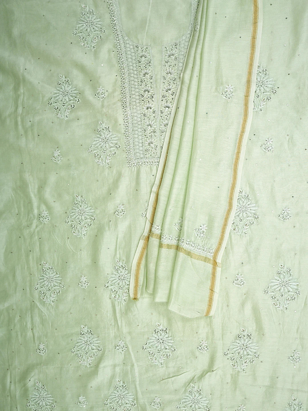 Ada Hand Embroidered Light Green Chanderi Lucknowi Chikankari Unstitched Kurta With Catdana Work 01A650959