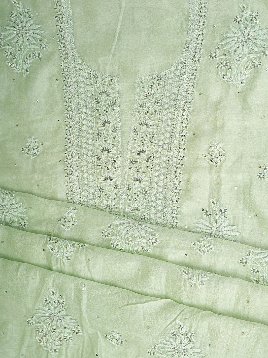 Ada Hand Embroidered Light Green Chanderi Lucknowi Chikankari Unstitched Kurta With Catdana Work 01A650959