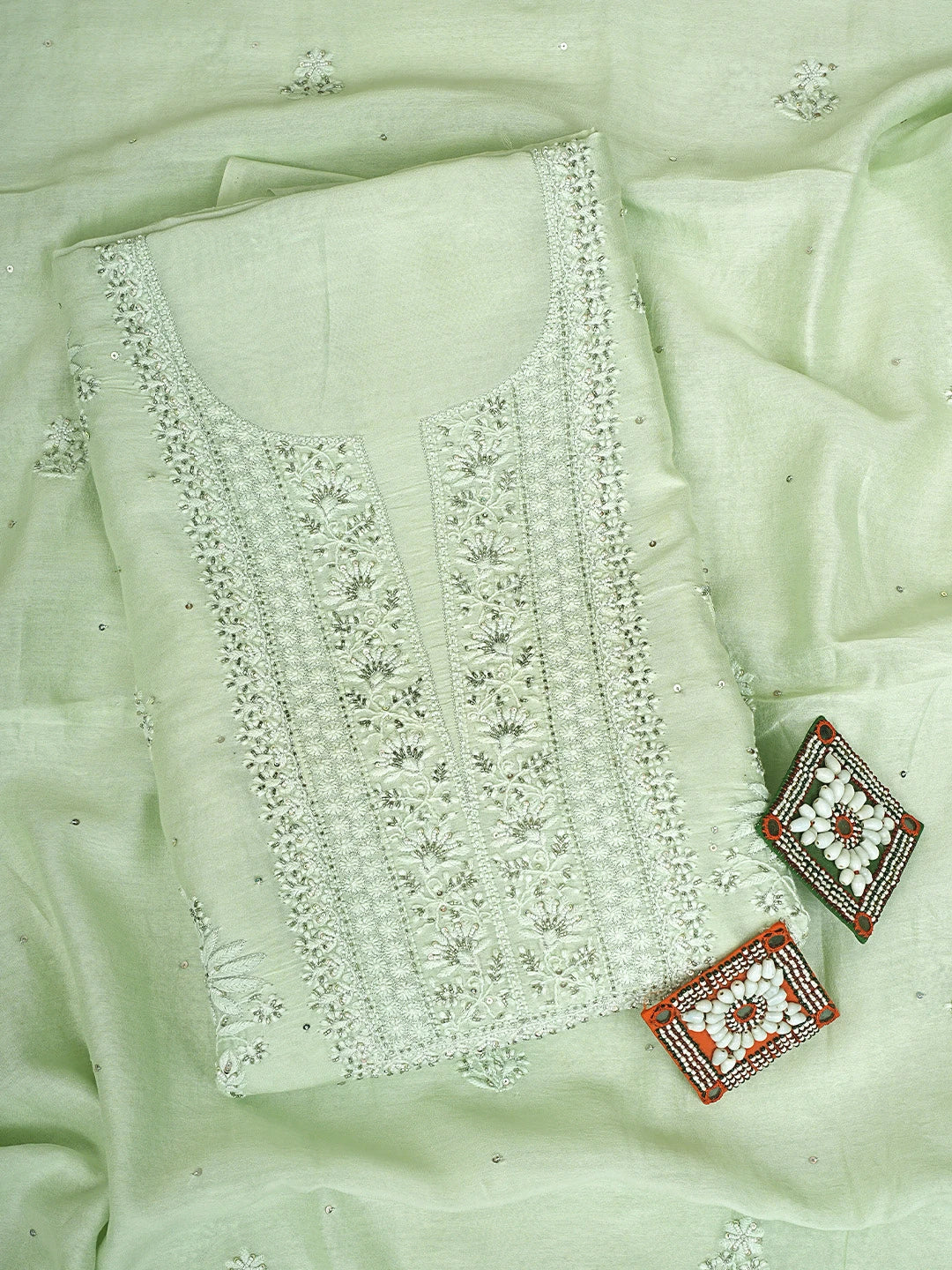 Ada Hand Embroidered Light Green Chanderi Lucknowi Chikankari Unstitched Kurta With Catdana Work 01A650959