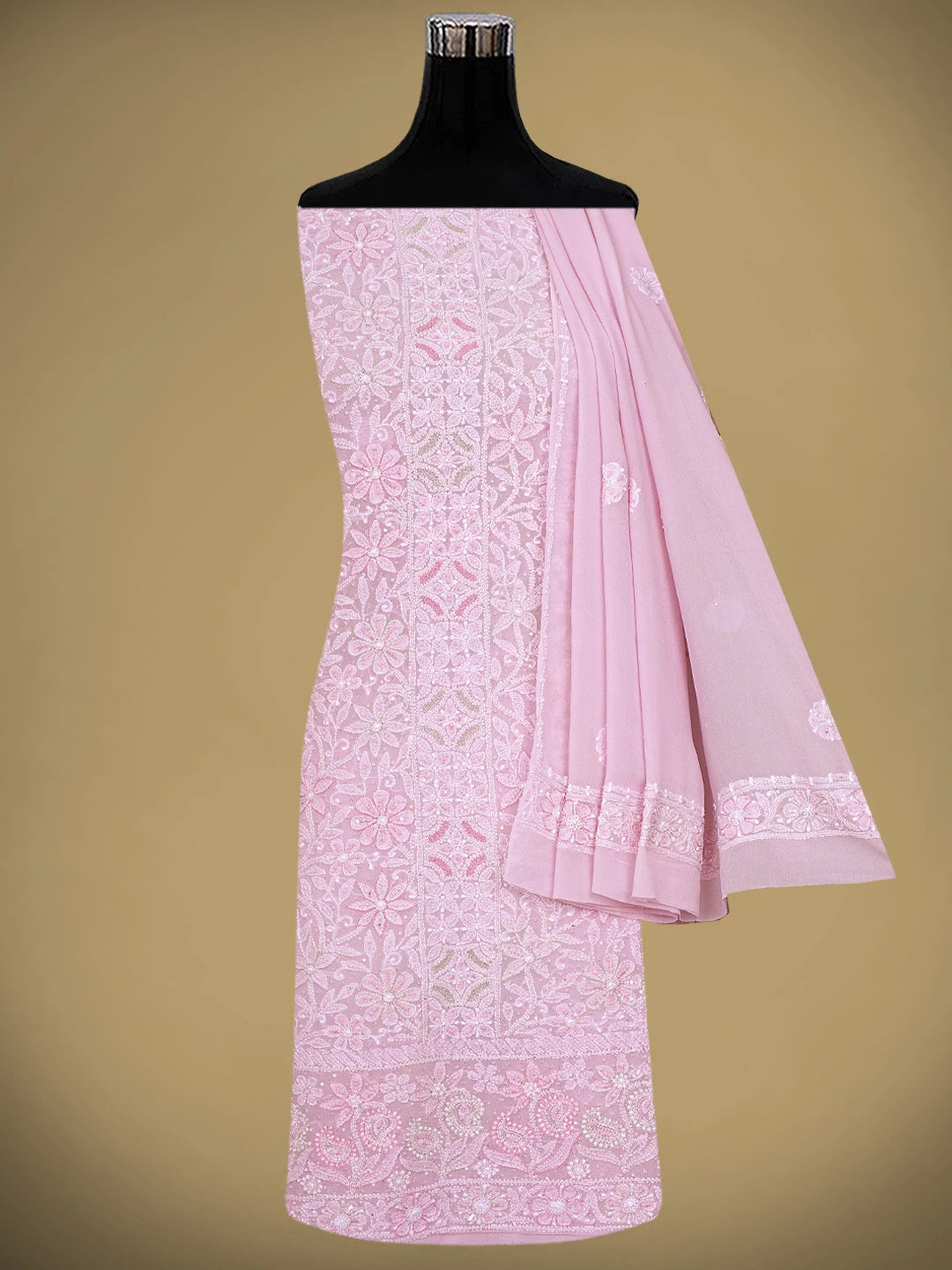 Ada Hand Embroidered Pink Pure Georgette Lucknowi Chikankari Unstitched Kurta Dupatta Set With Cutdana Work 01A705432