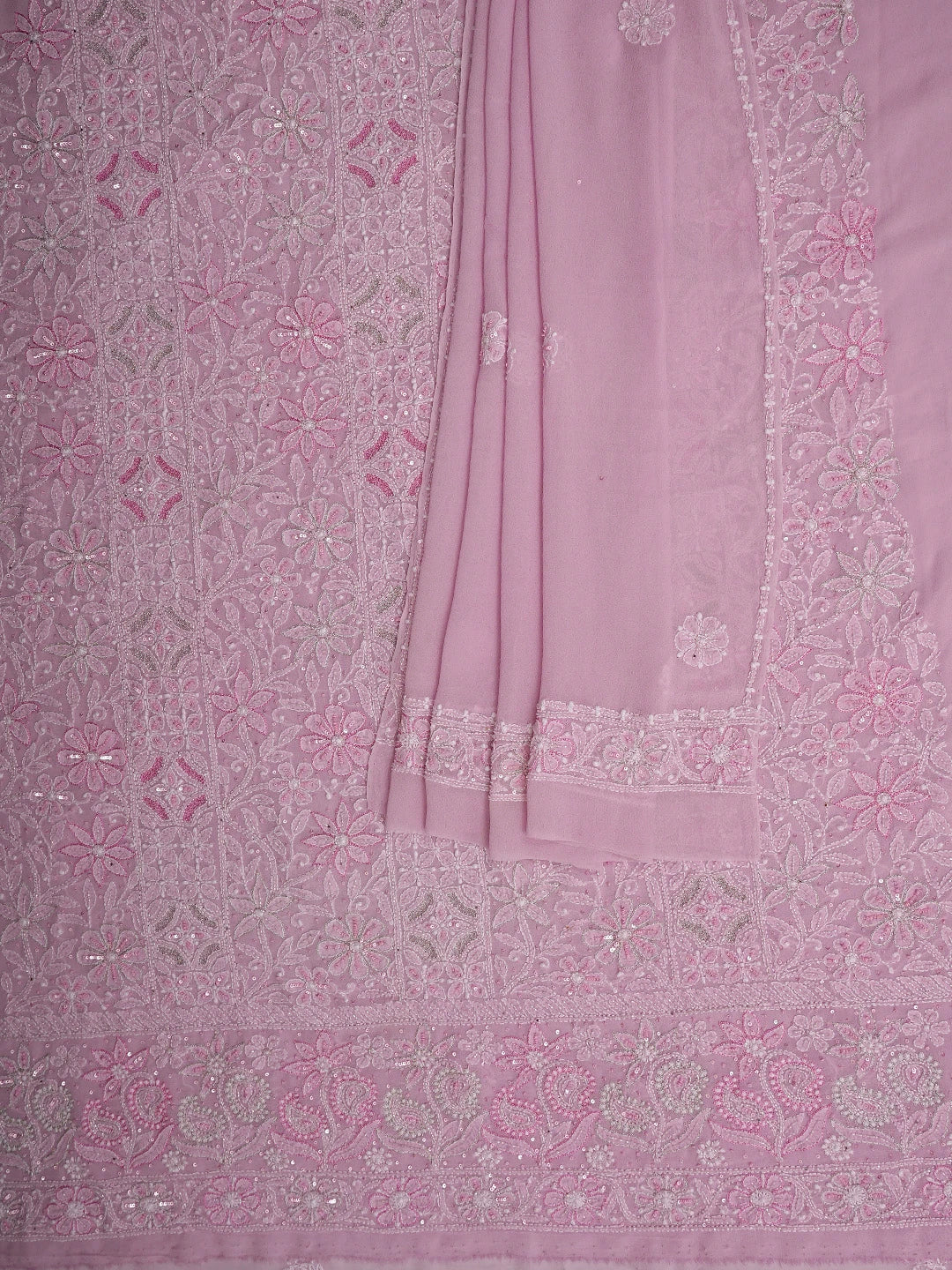 Ada Hand Embroidered Pink Pure Georgette Lucknowi Chikankari Unstitched Kurta Dupatta Set With Cutdana Work 01A705432
