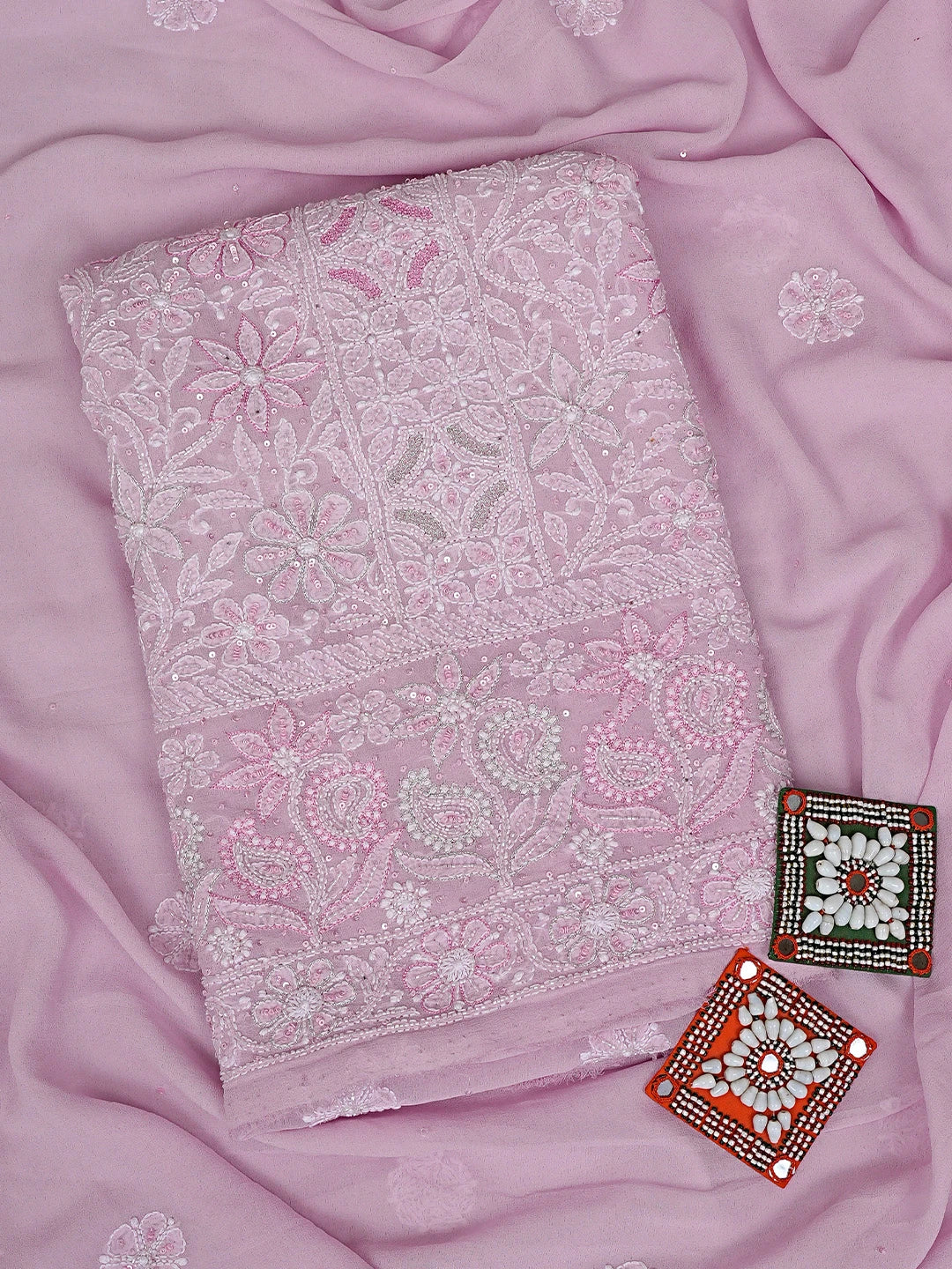 Ada Hand Embroidered Pink Pure Georgette Lucknowi Chikankari Unstitched Kurta Dupatta Set With Cutdana Work 01A705432