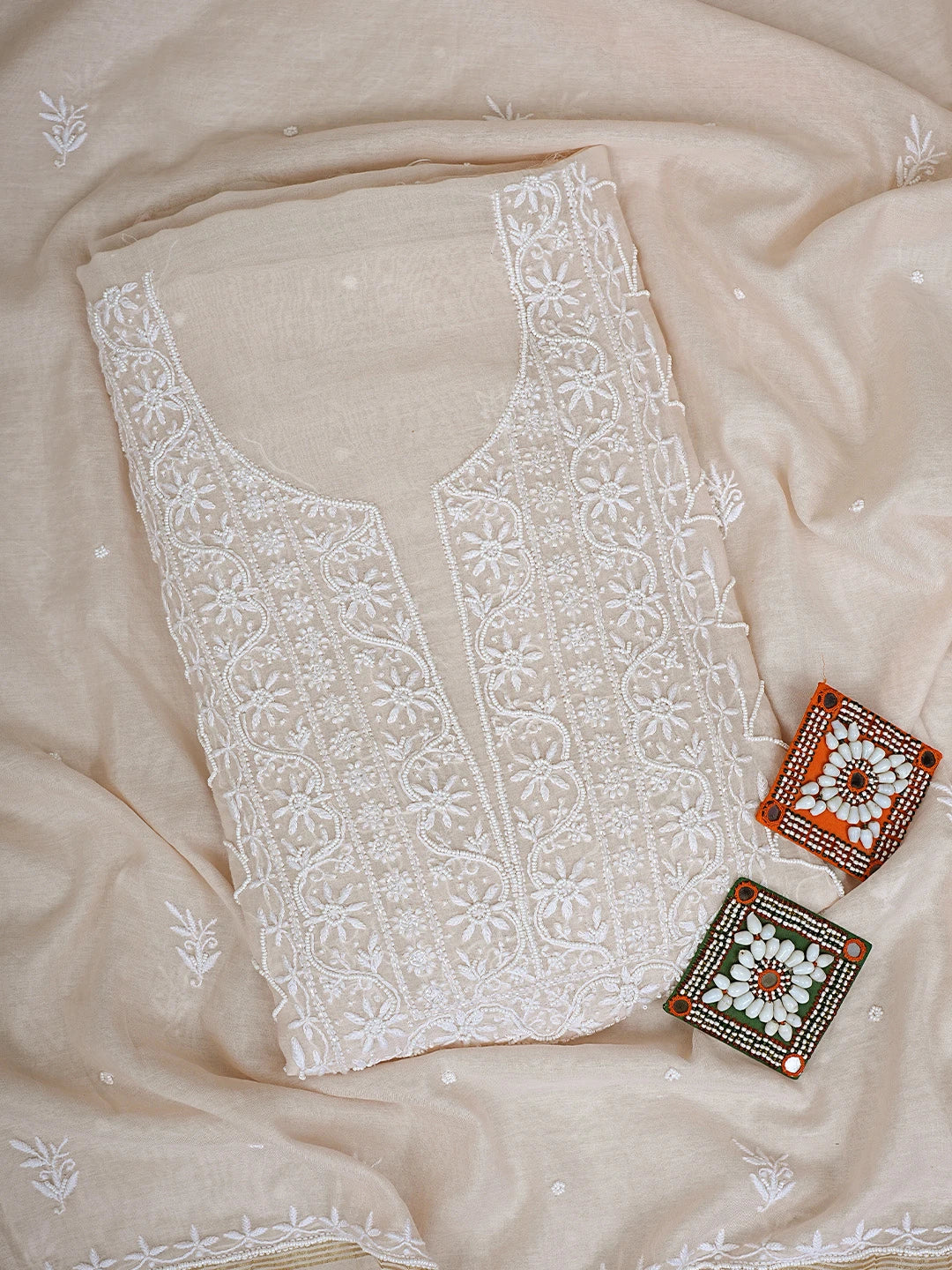 Ada Hand Embroidered Powder Petal Pink Chanderi Lucknowi Chikankari Unstitched Kurta Dupatta Set With Cutdana Work 01A811837
