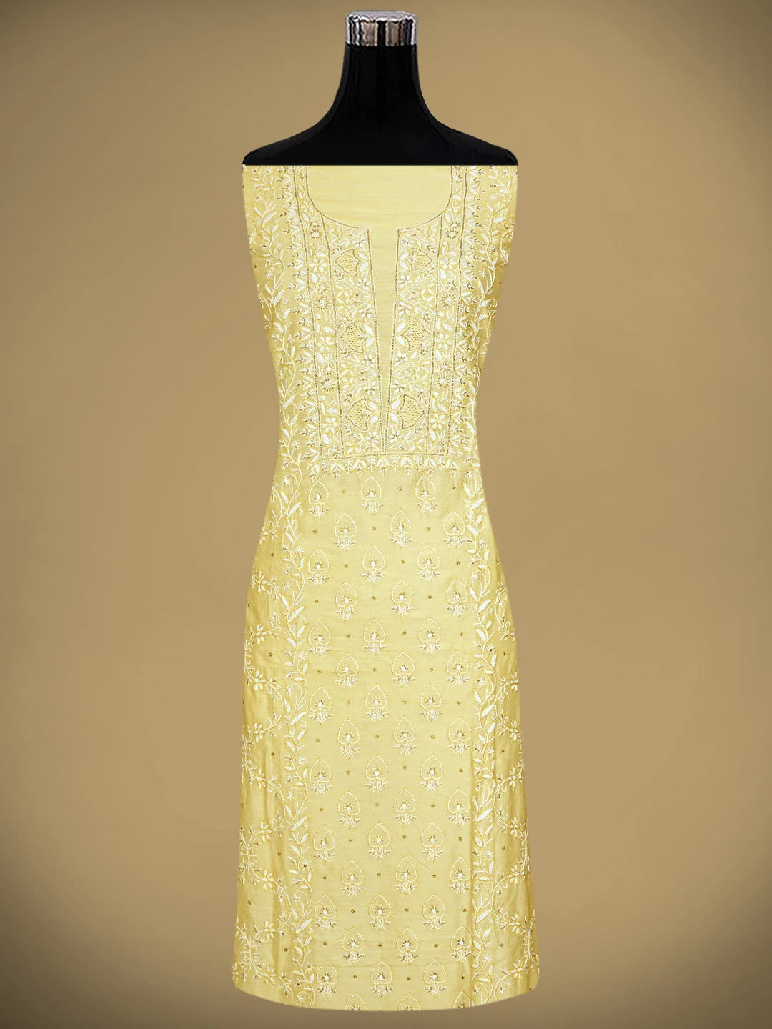 Ada Hand Embroidered Jasmine Yellow Chanderi Lucknowi Chikankari Unstitched Suit Piece With Cutdana Work 01A805719