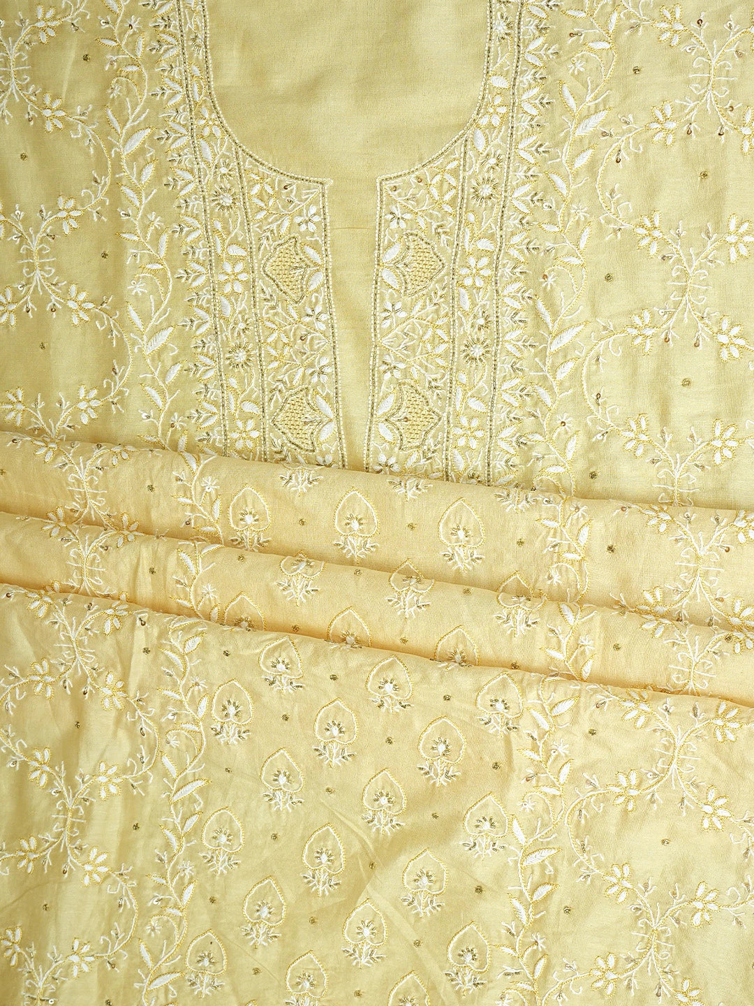 Ada Hand Embroidered Jasmine Yellow Chanderi Lucknowi Chikankari Unstitched Suit Piece With Cutdana Work 01A805719