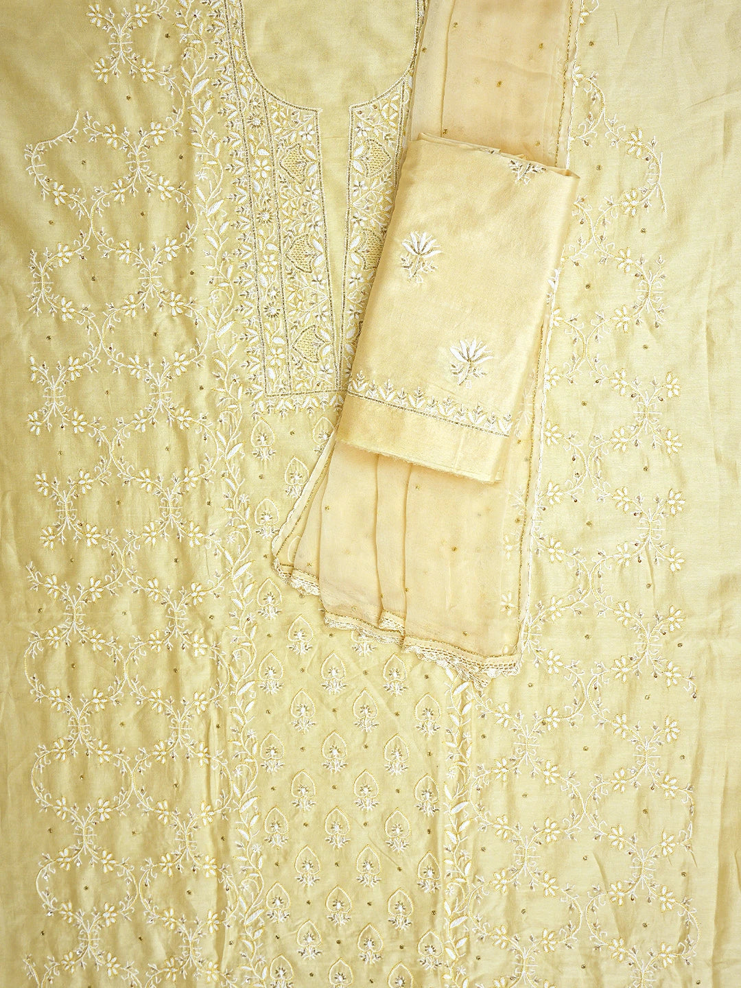 Ada Hand Embroidered Jasmine Yellow Chanderi Lucknowi Chikankari Unstitched Suit Piece With Cutdana Work 01A805719