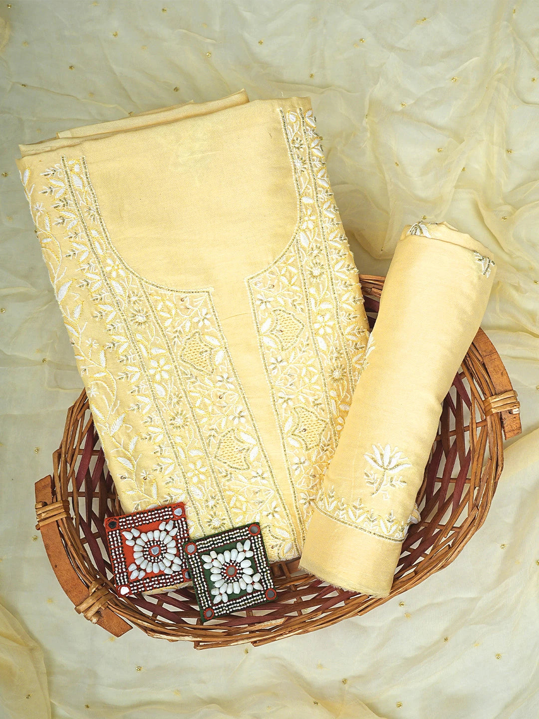 Ada Hand Embroidered Jasmine Yellow Chanderi Lucknowi Chikankari Unstitched Suit Piece With Cutdana Work 01A805719