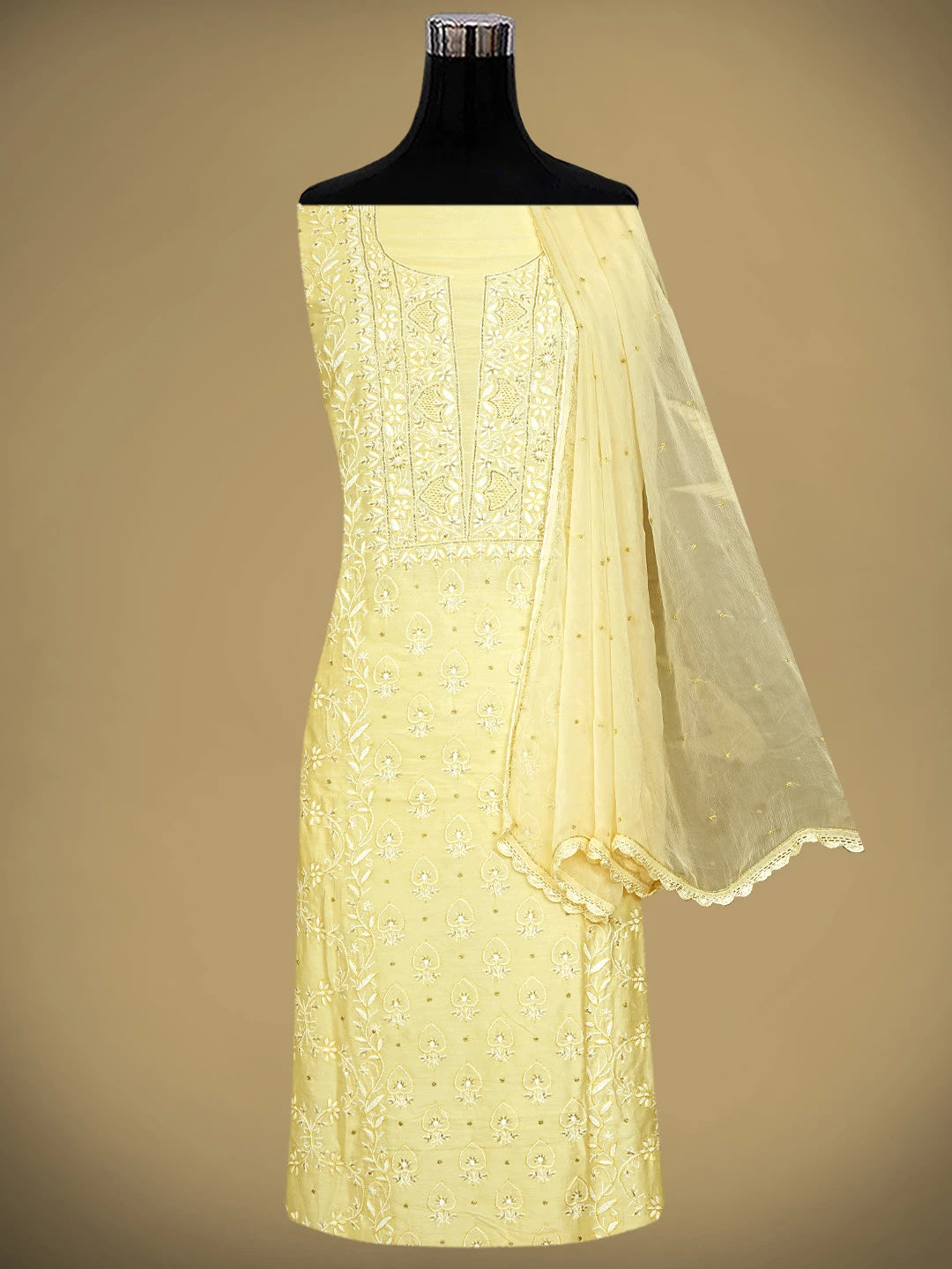 Ada Hand Embroidered Jasmine Yellow Chanderi Lucknowi Chikankari Unstitched Suit Piece With Cutdana Work 01A805719