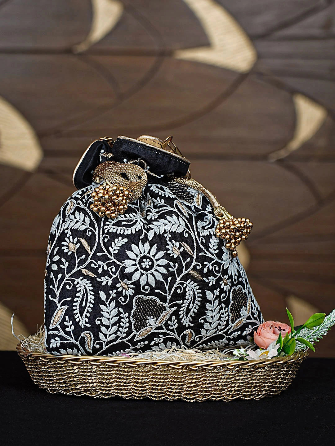 Ada Hand Embroidered Black Silk Lucknowi Chikankari Potli Bag With Zari Work 01A908970