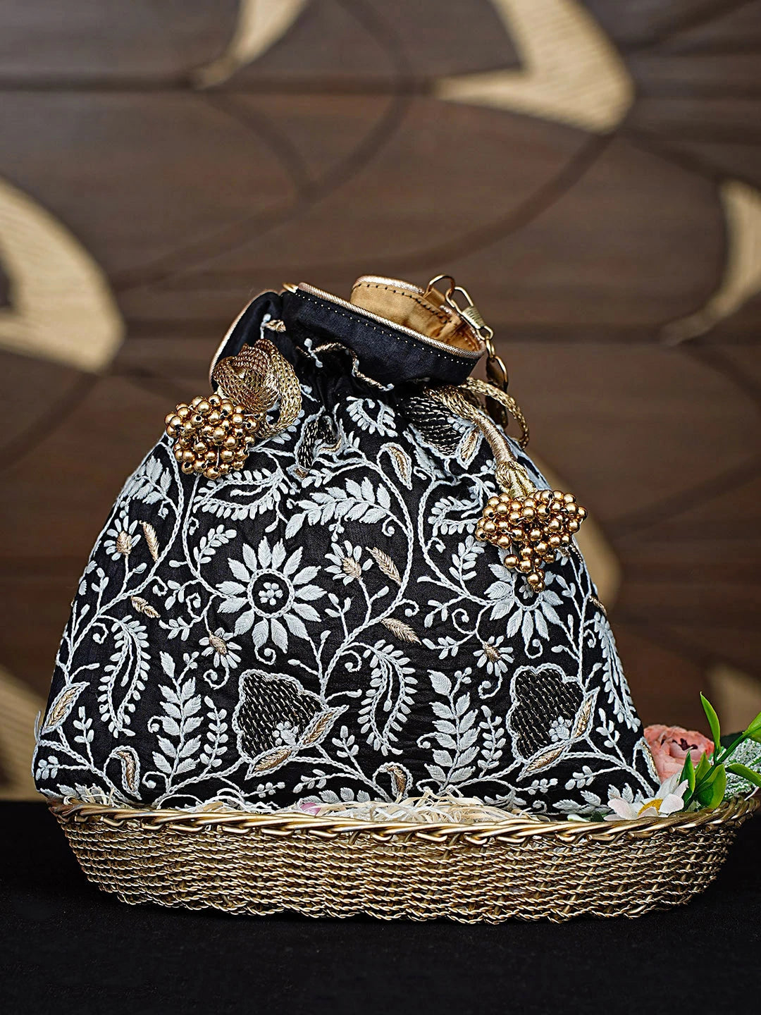Ada Hand Embroidered Black Silk Lucknowi Chikankari Potli Bag With Zari Work 01A908970