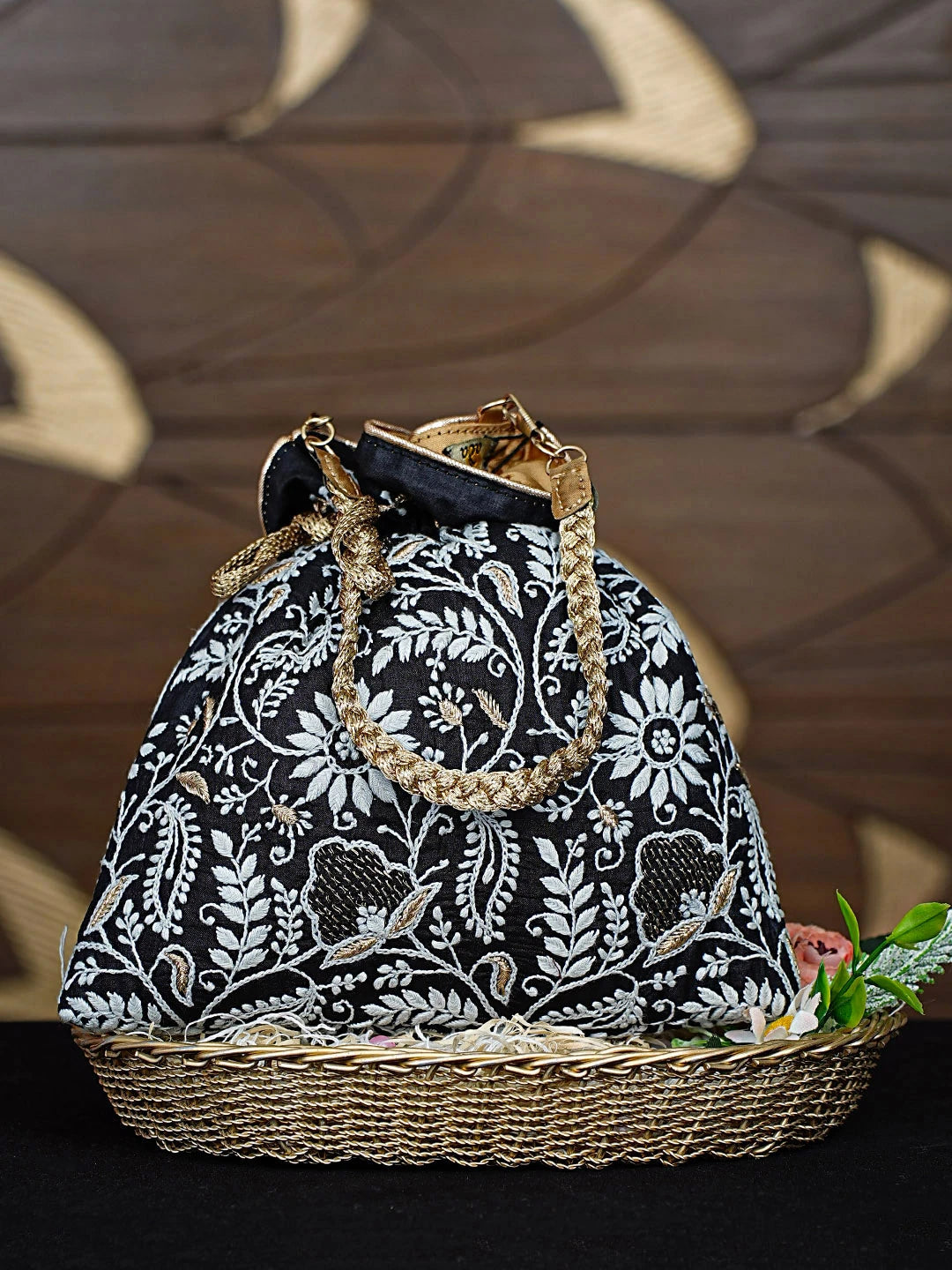 Ada Hand Embroidered Black Silk Lucknowi Chikankari Potli Bag With Zari Work 01A908970