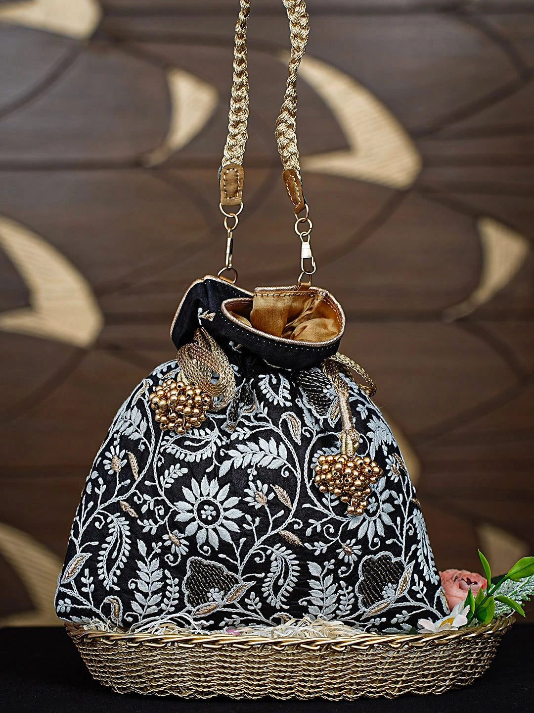 Ada Hand Embroidered Black Silk Lucknowi Chikankari Potli Bag With Zari Work 01A908970