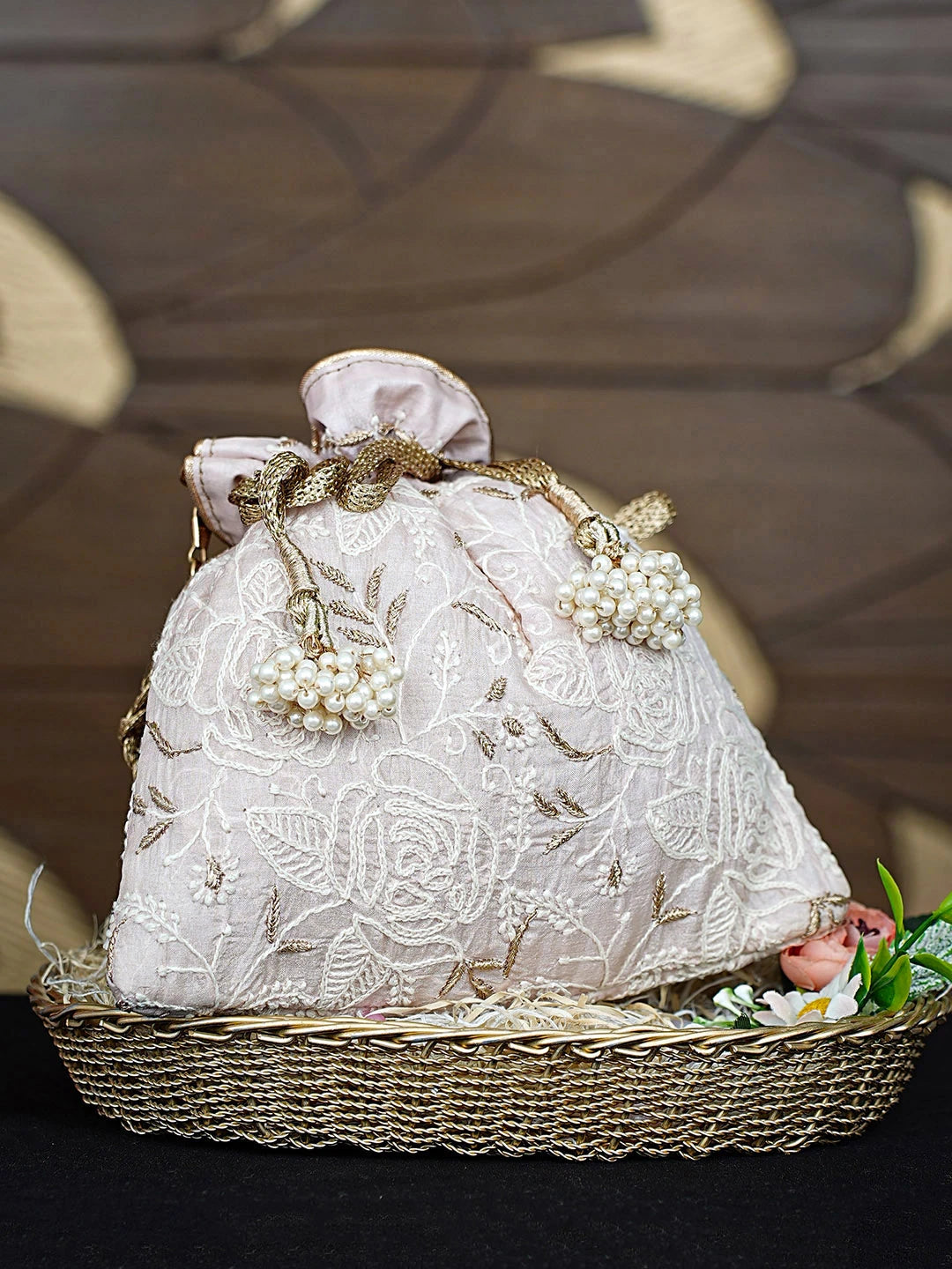 Ada Hand Embroidered Almond Peach Silk Lucknowi Chikankari Potli Bag With Zari Work 01A908962