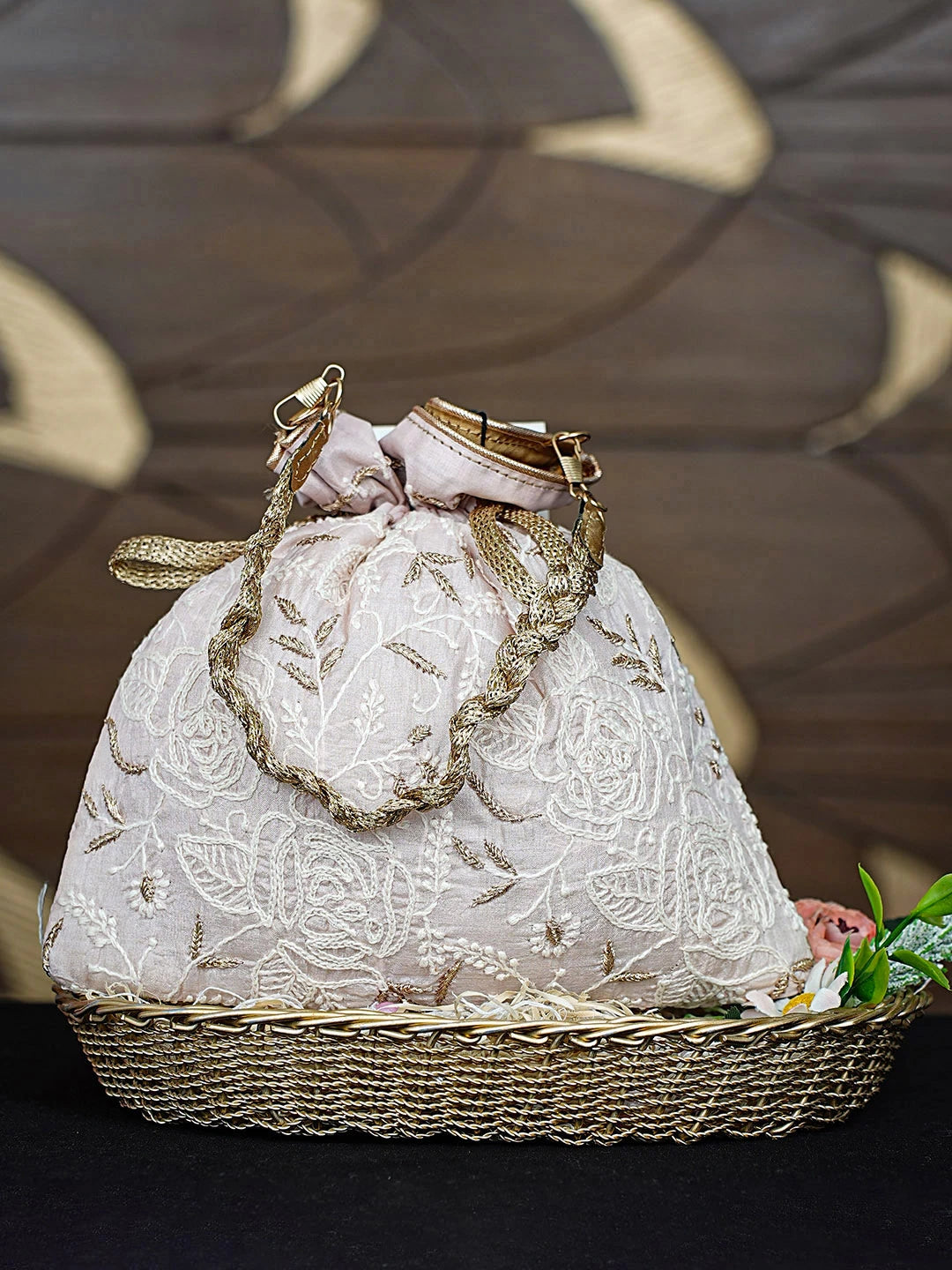 Ada Hand Embroidered Almond Peach Silk Lucknowi Chikankari Potli Bag With Zari Work 01A908962