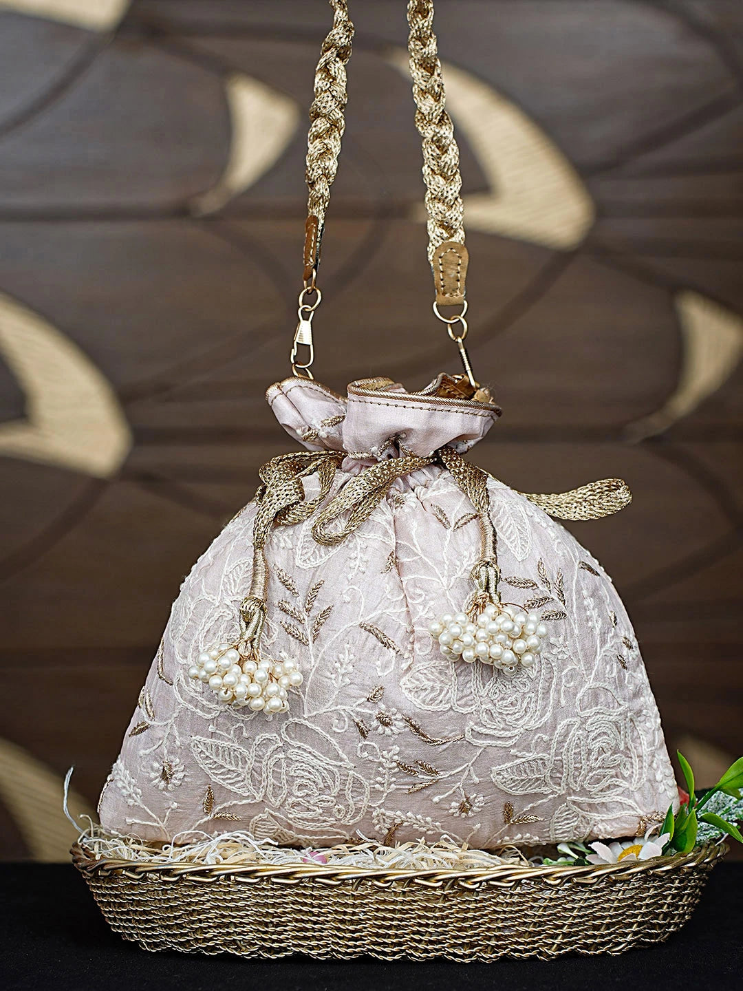 Ada Hand Embroidered Almond Peach Silk Lucknowi Chikankari Potli Bag With Zari Work 01A908962