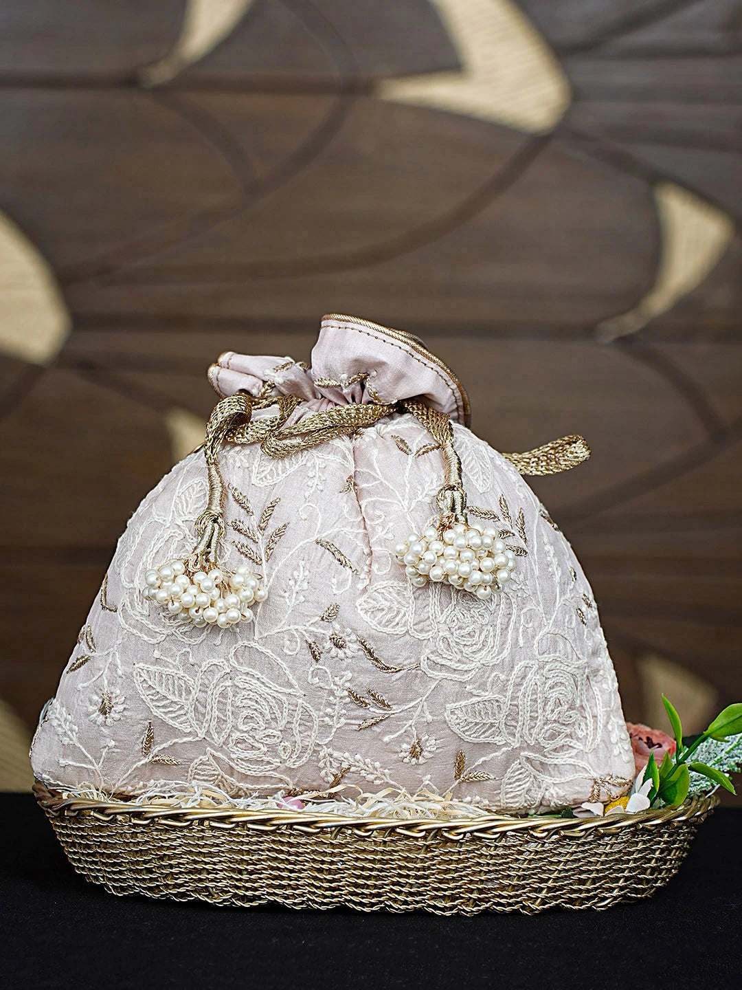 Ada Hand Embroidered Almond Peach Silk Lucknowi Chikankari Potli Bag With Zari Work 01A908962