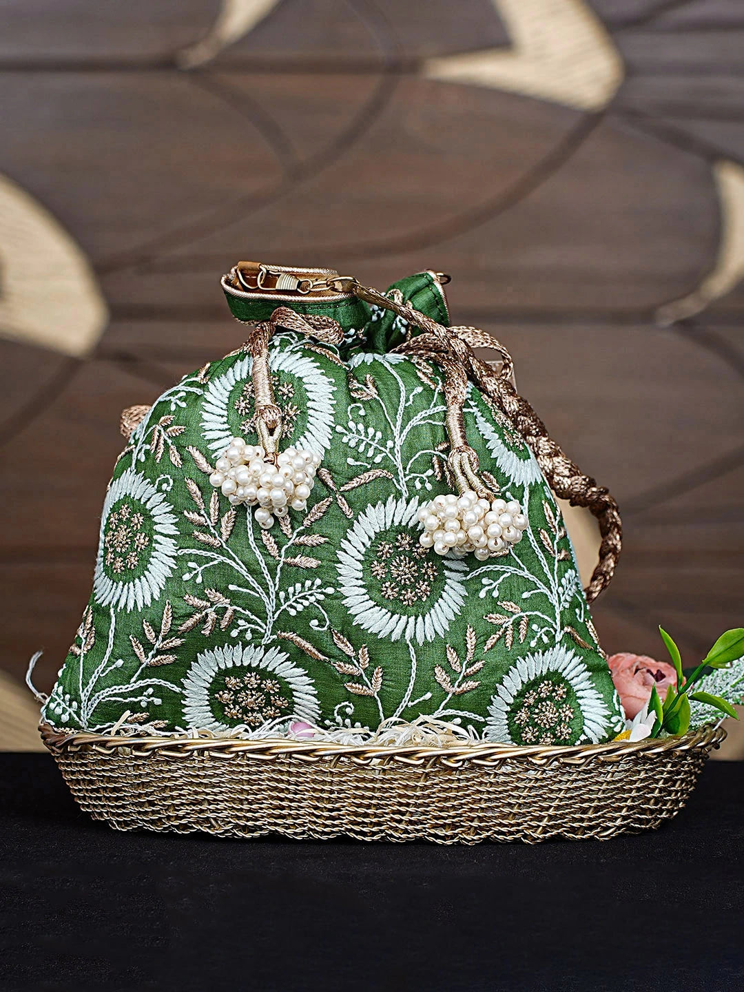 Ada Hand Embroidered Sage Green Silk Lucknowi Chikankari Potli Bag With Zari Work 01A908978
