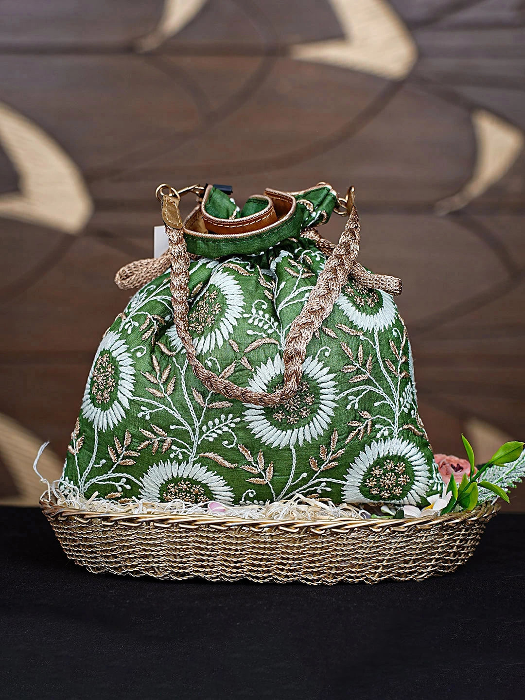 Ada Hand Embroidered Sage Green Silk Lucknowi Chikankari Potli Bag With Zari Work 01A908978