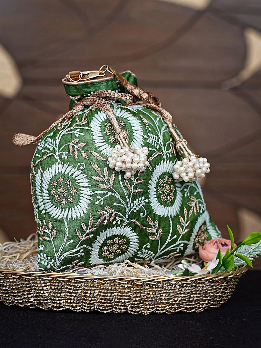 Ada Hand Embroidered Sage Green Silk Lucknowi Chikankari Potli Bag With Zari Work 01A908978