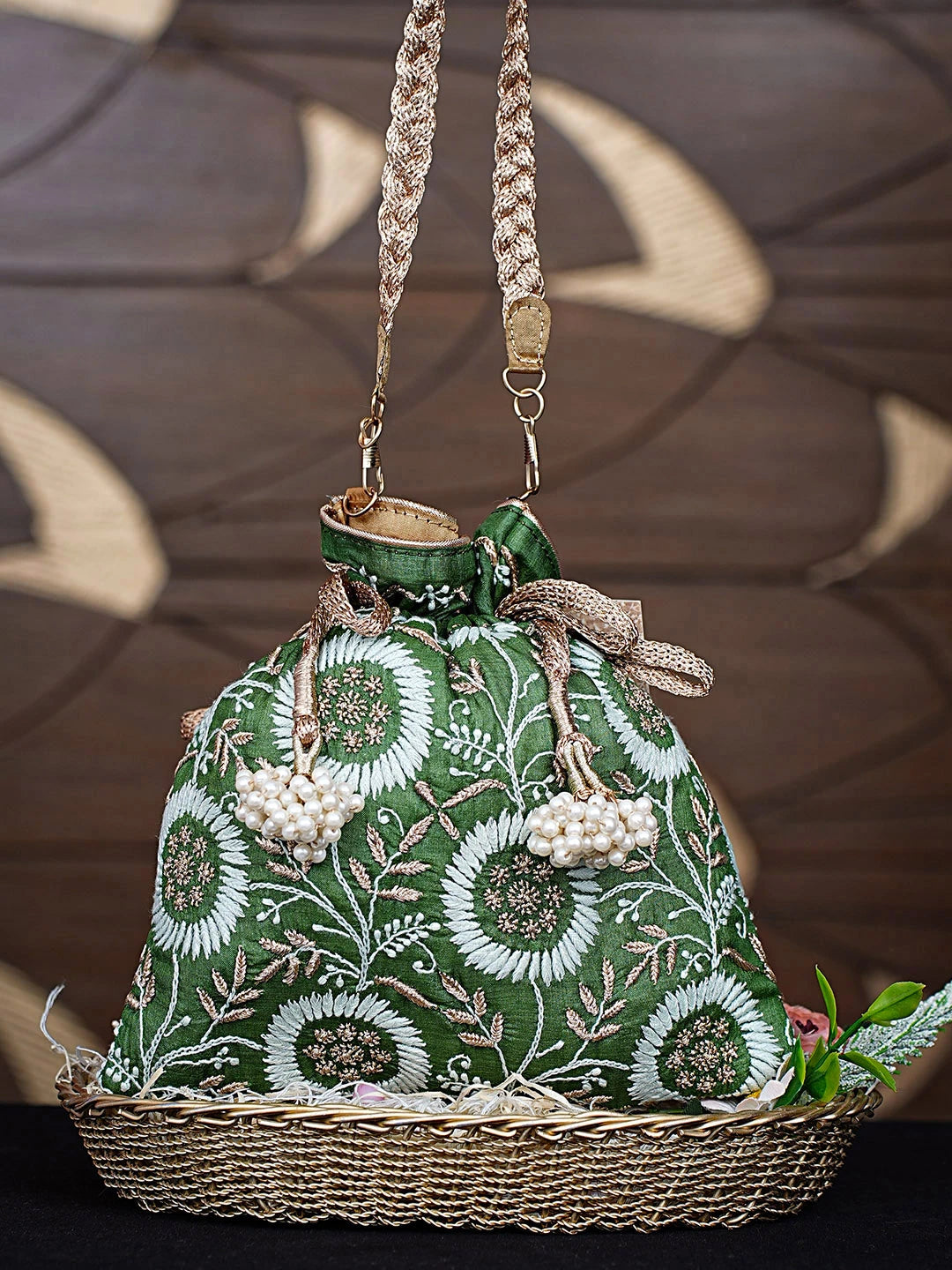 Ada Hand Embroidered Sage Green Silk Lucknowi Chikankari Potli Bag With Zari Work 01A908978