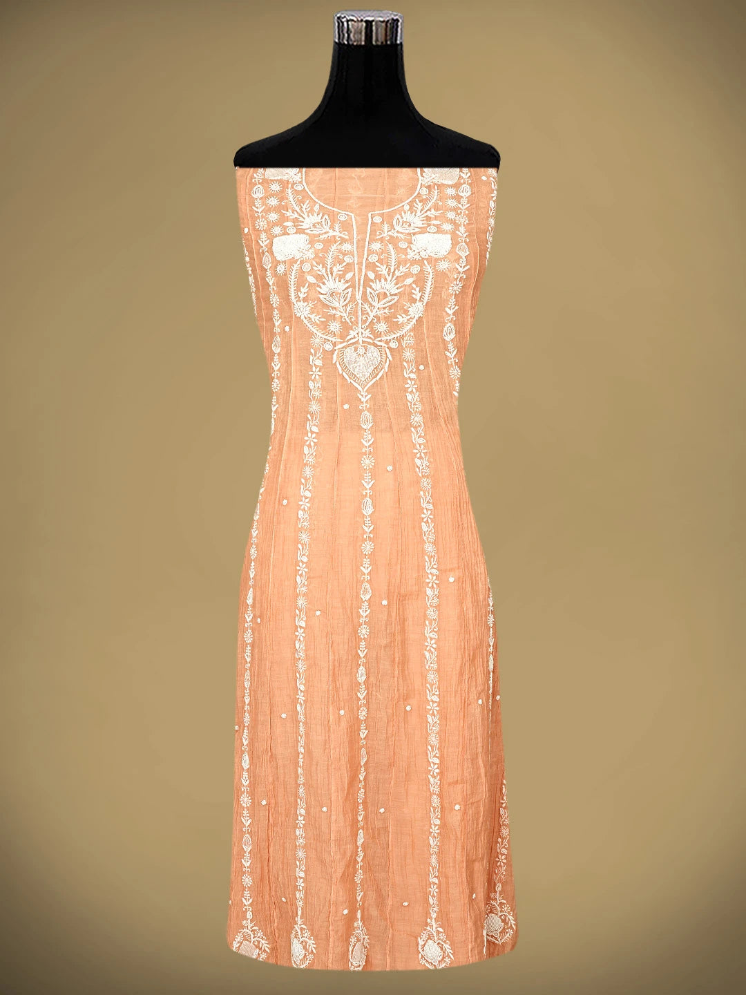 Ada Hand Embroidered Peach Chanderi Lucknowi Chikankari Semi-Stitched Anarkali Kurta Dupatta Set With Cutdana Work 01A898438